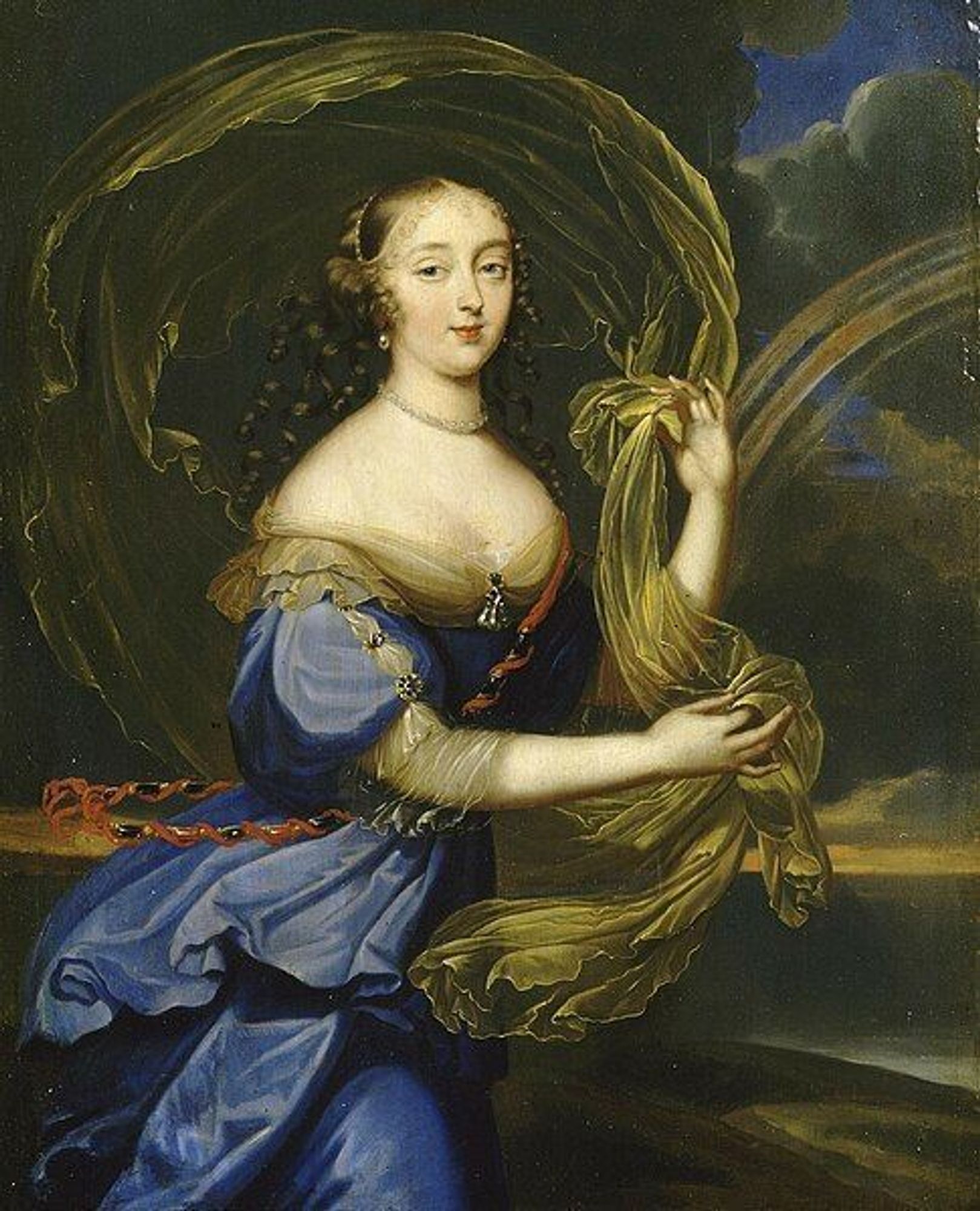 Tableau de Madame de Montespan, représentée sous les traits d'Iris, la messagère des deux, vêtue d'une robe bleue et d'une écharpe qui flotte. En arrière plan à droite, on aperçoit un arc-en-ciel.