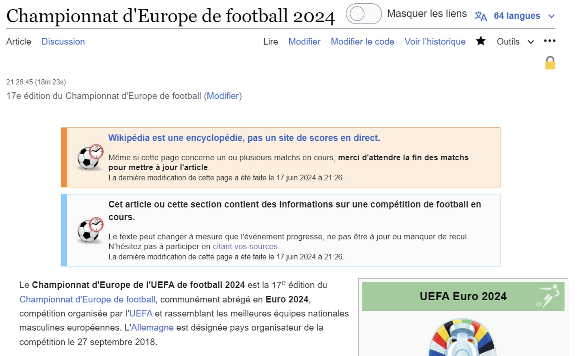 Copie d'écran du haut de la page Wikipédia sur le Championnat d’Europe de l’UEFA de football 2024, 17e édition du Championnat d’Europe de football, communément abrégé en Euro 2024.
La page fournit des informations sur les équipes nationales masculines européennes et avertit que Wikipédia n’est pas un site de scores en direct.