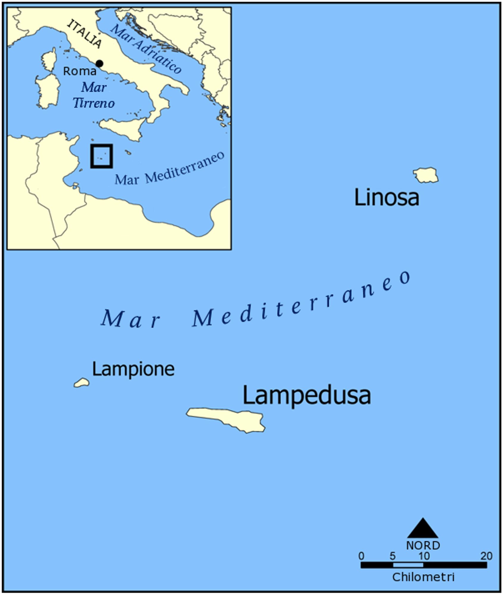 Carte montrant la situation géographique de Lampedusa dans la mer Méditerranée. L’île de Lampedusa est située en bas de la carte, avec les îles voisines Linosa et Lampione. La carte inclut également une vue d’ensemble de l’Italie, mettant en évidence Rome et la Sicile pour le contexte. Une barre d’échelle et un indicateur de nord sont présents pour l’orientation.