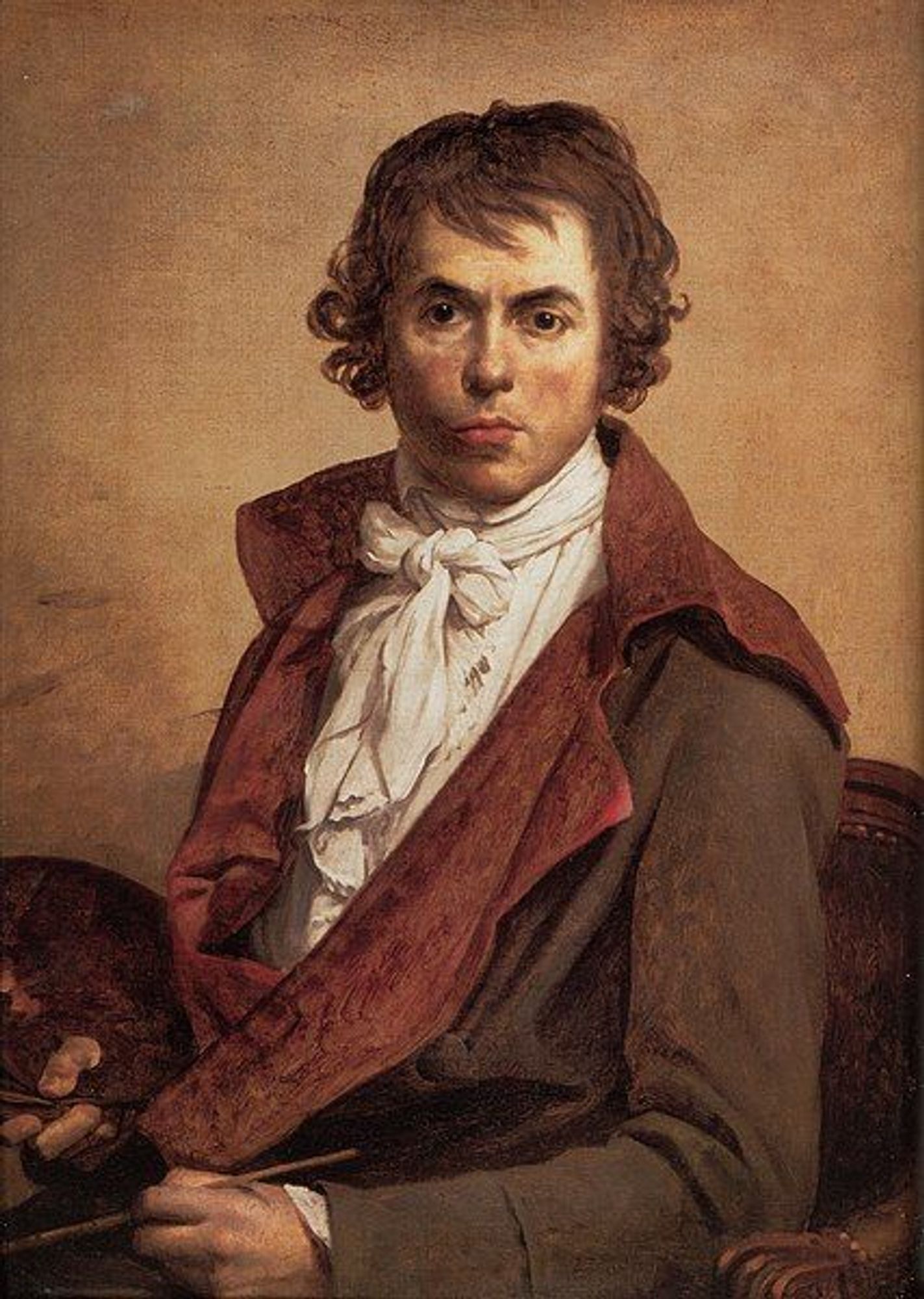 Tableau représentant Jacques-Louis David, assis sur une chaise avec un fond uni. Il porte une veste avec des détails texturés et une écharpe blanche nouée autour du cou. Ses cheveux sont bouclés et bruns. Les couleurs sont riches et chaudes, avec des tons marron dominants.