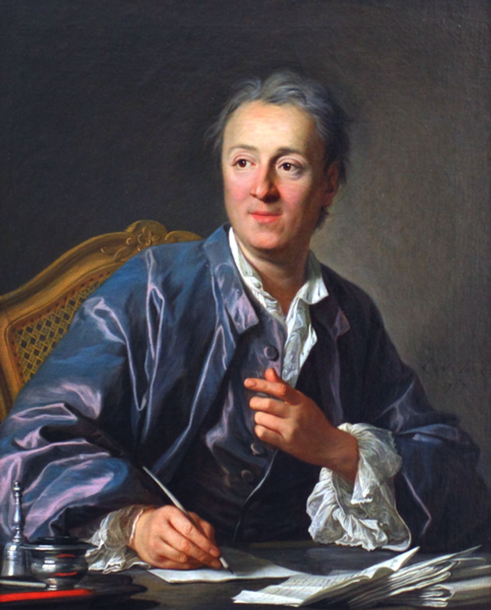 Tableau représentant Denis Diderot, le visage tourné vers la page, souriant et en train d'écrire.