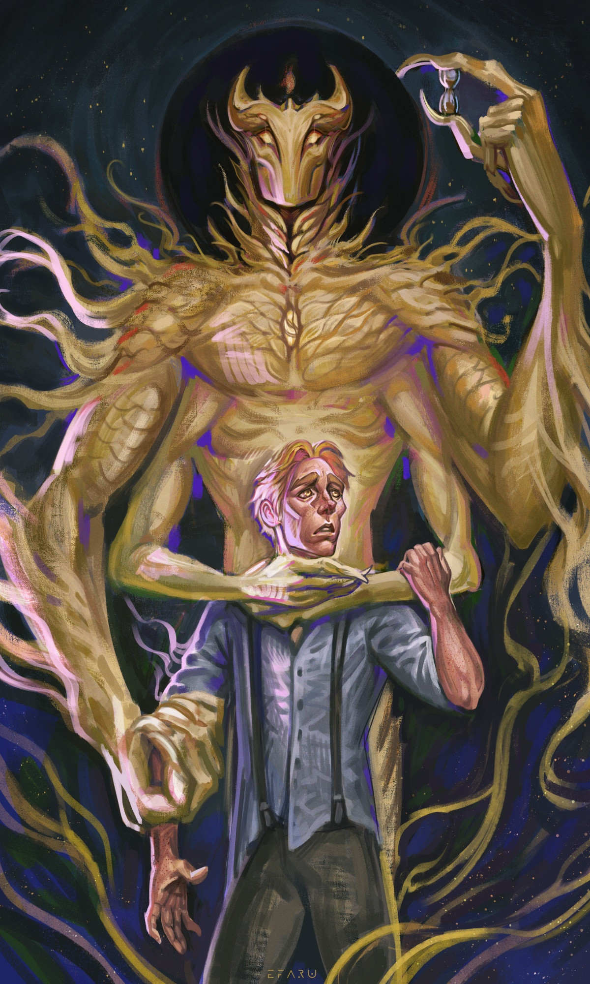 Digital painting portraying two characters. 
One is a tall alien/monster creature. He has four arms, with the upper ones being longer and bigger than the lower. His skin is golden and is reminiscent of scales or segmented carapace. He has flowy "tendrils" on his neck, shoulders, forearms, and back. His face is noseless and mouthless, eyes are bright gold, and his head is horned. One of his upper arms is raised in the air and he is holding a small hourglass in his hand.
He stands behind another character and holds his neck with his lower arms in a possessive manner. The second character is a young blonde man with golden eyes. He looks up at the hourglass in dismay.