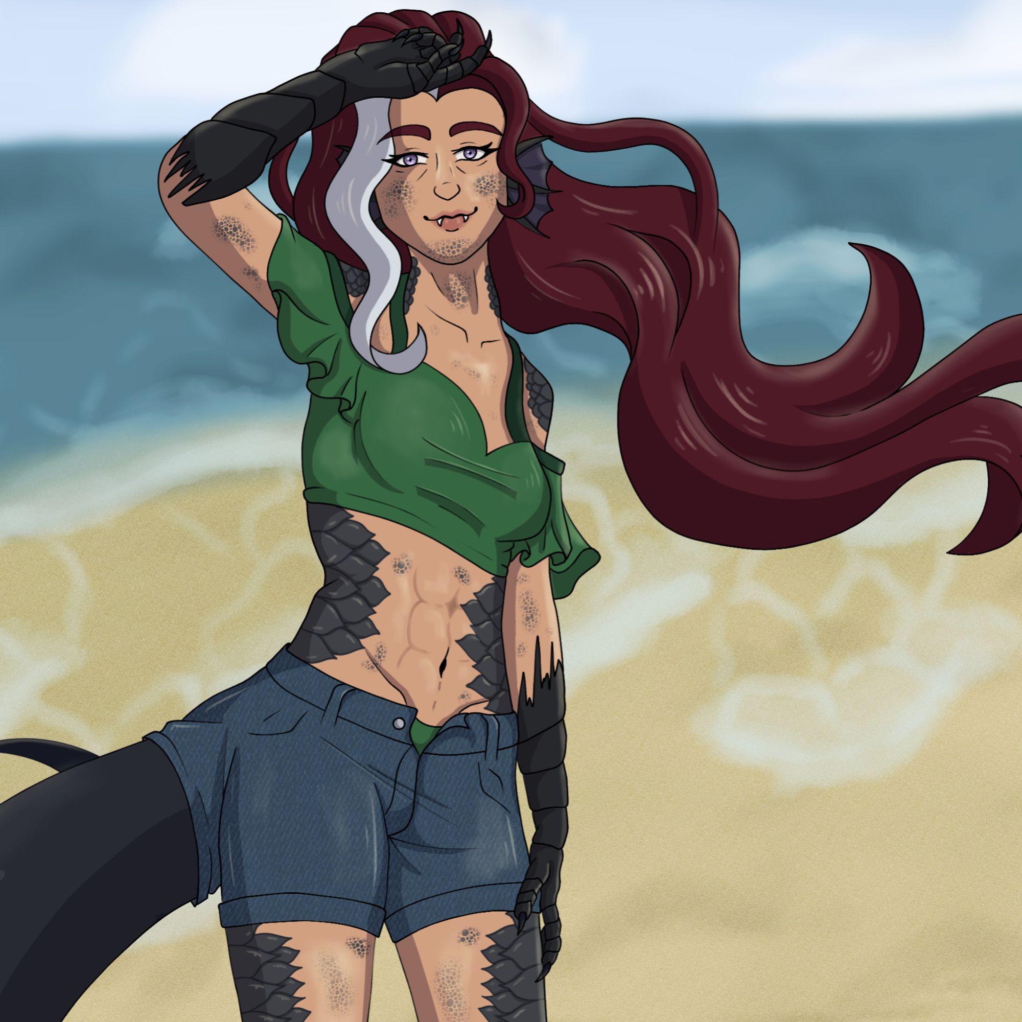 A woman with draconic features stands on a beach. She has flowing red hair and a large tail. She wears a green bikini tank top and shorts. Her skin is covered in various scales.