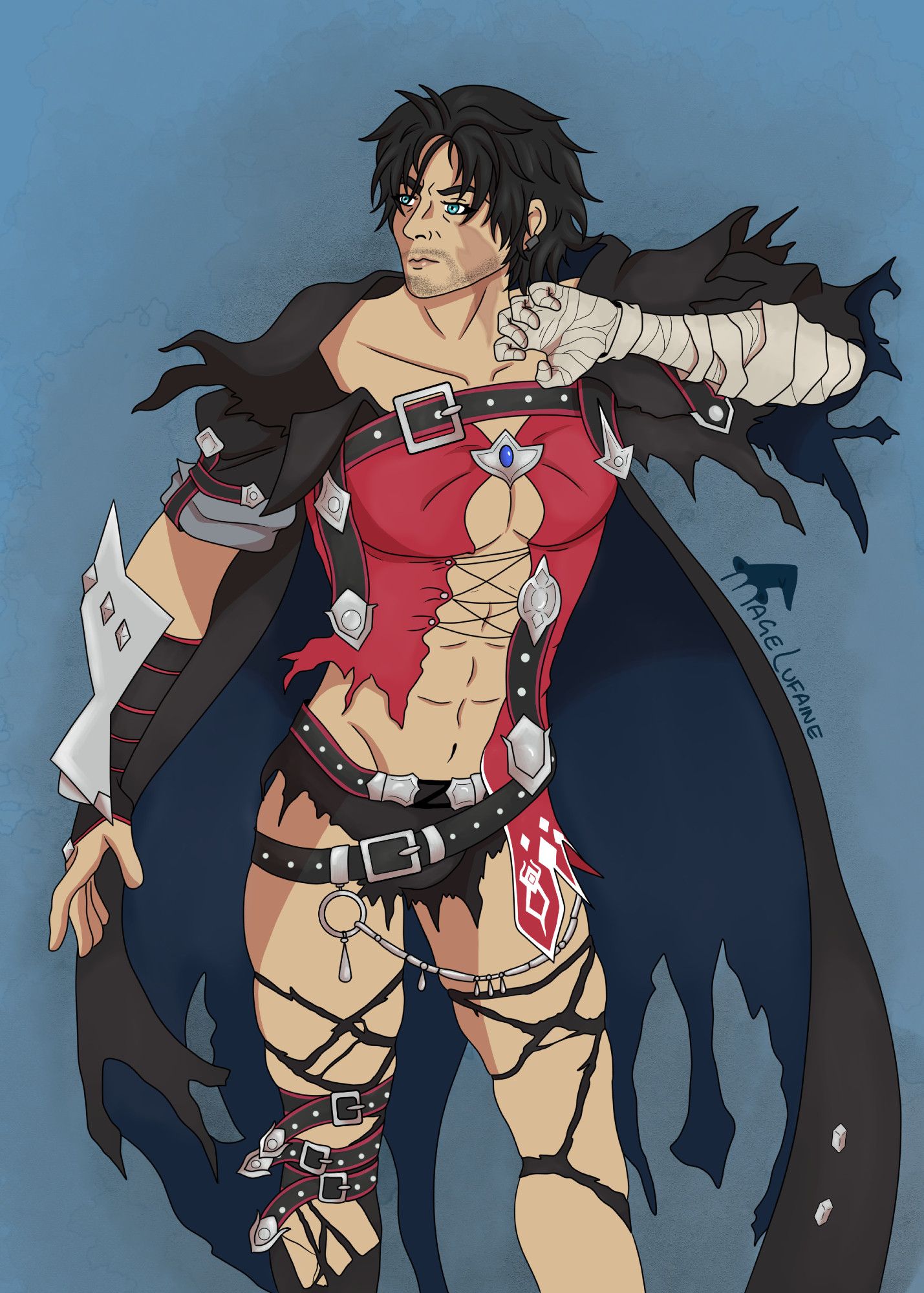 Clive Rosfield from Final Fantasy 16 dressed in the clothing that Velvet Crowe from Tales of Berseria wears. The armour is revealing.