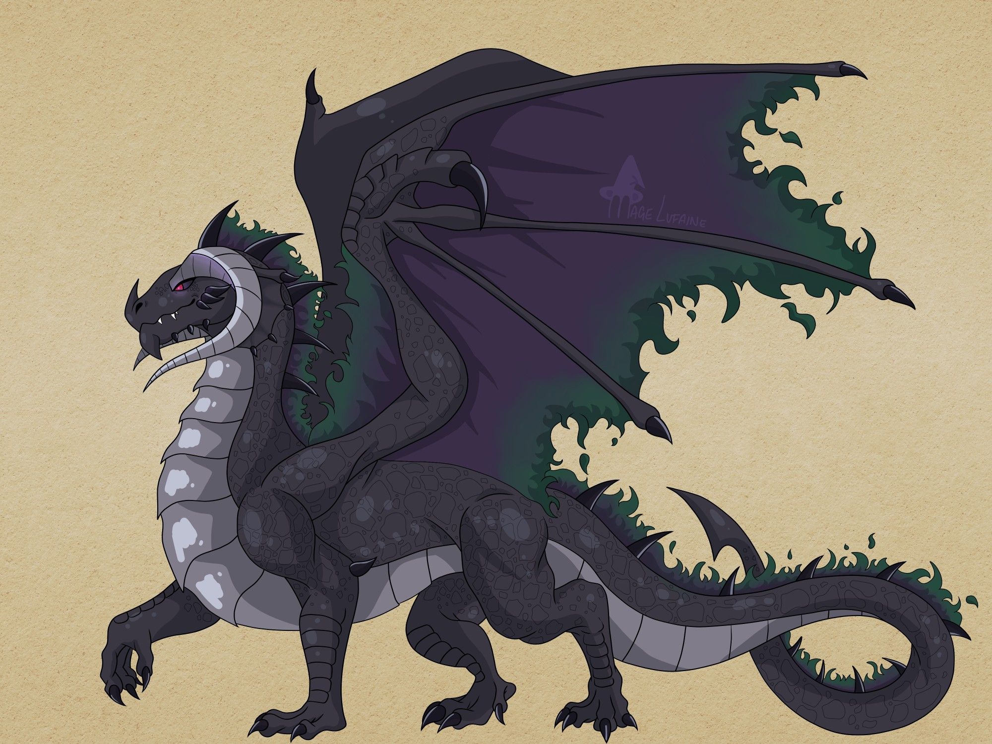 A dragon with purple scales standing regal, one foot held up. Her horns curve around her head, and she has shadowy fire that spreads down her body and between her wings. Said fire has a green tinge.