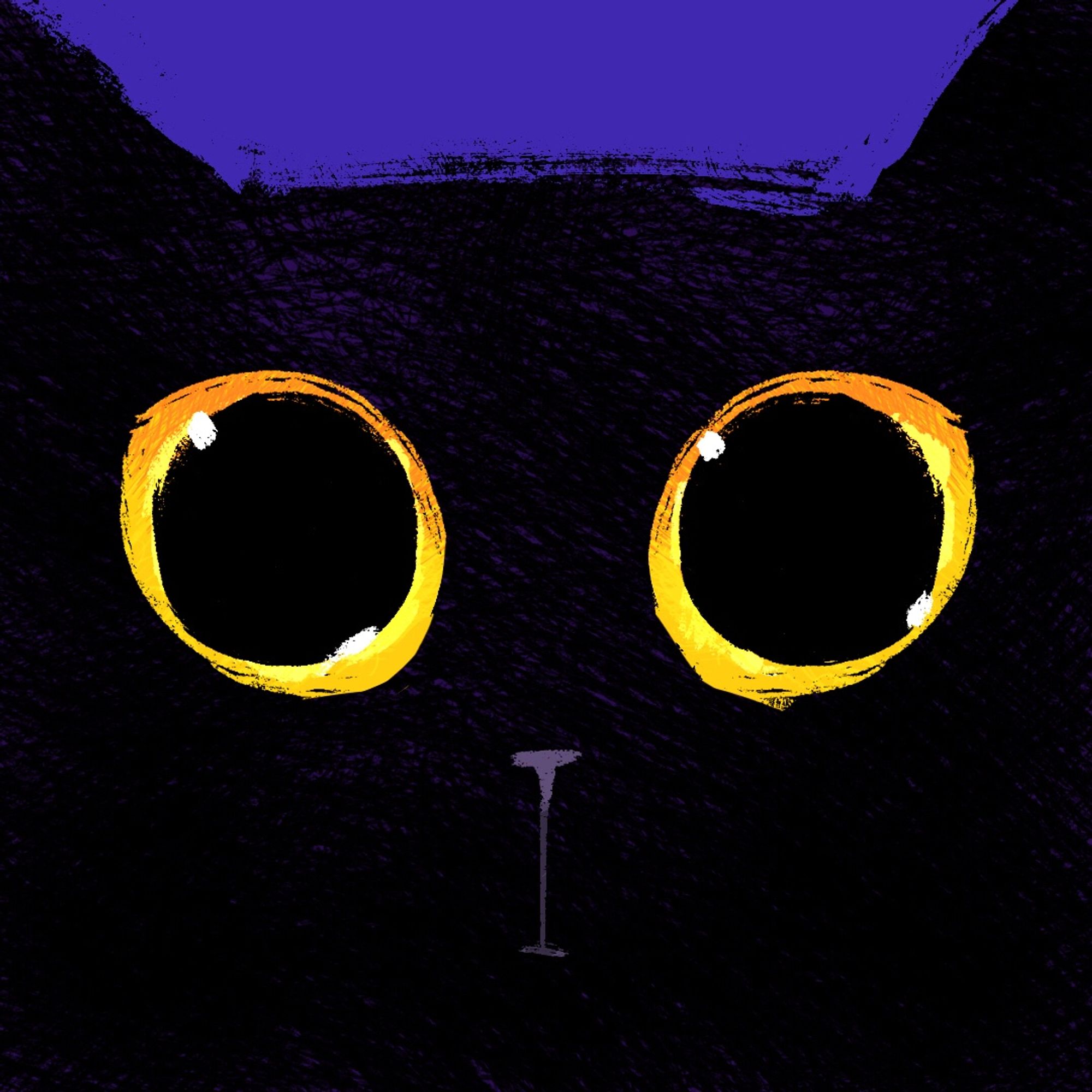 A very closeup illustration of a black cat with large yellow eyes that are staring into your soul