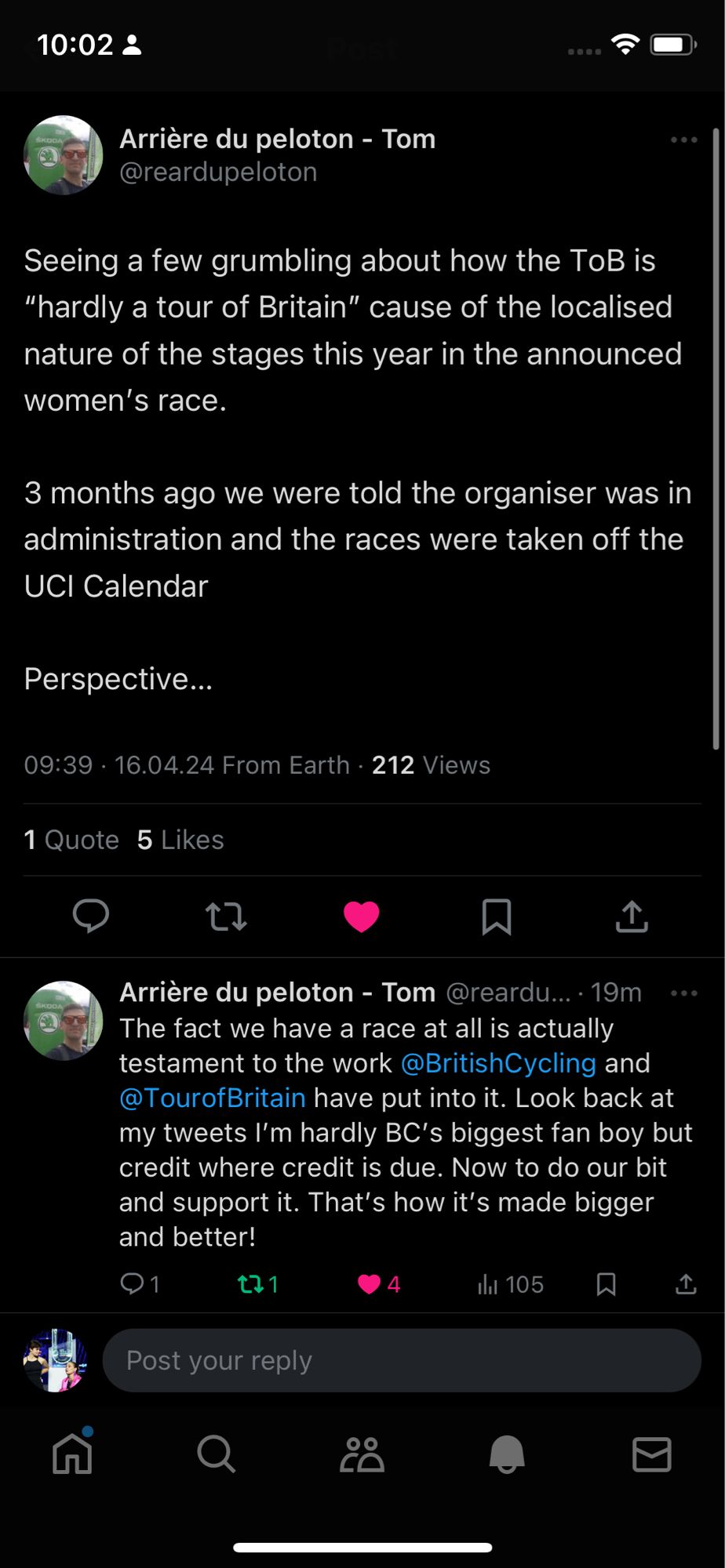 2 Tweets von reardupeloton auf Twitter:
“Seeing a few grumbling about how the ToB is “hardly a tour of Britain” cause of the localised nature of the stages this year in the announced women’s race.

3 months ago we were told the organiser was in administration and the races were taken off the UCI Calendar

Perspective…”

“The fact we have a race at all is actually testament to the work @BritishCycling and @TourofBritain have put into it. Look back at my tweets I’m hardly BC’s biggest fan boy but credit where credit is due. Now to do our bit and support it. That’s how it’s made bigger and better!”