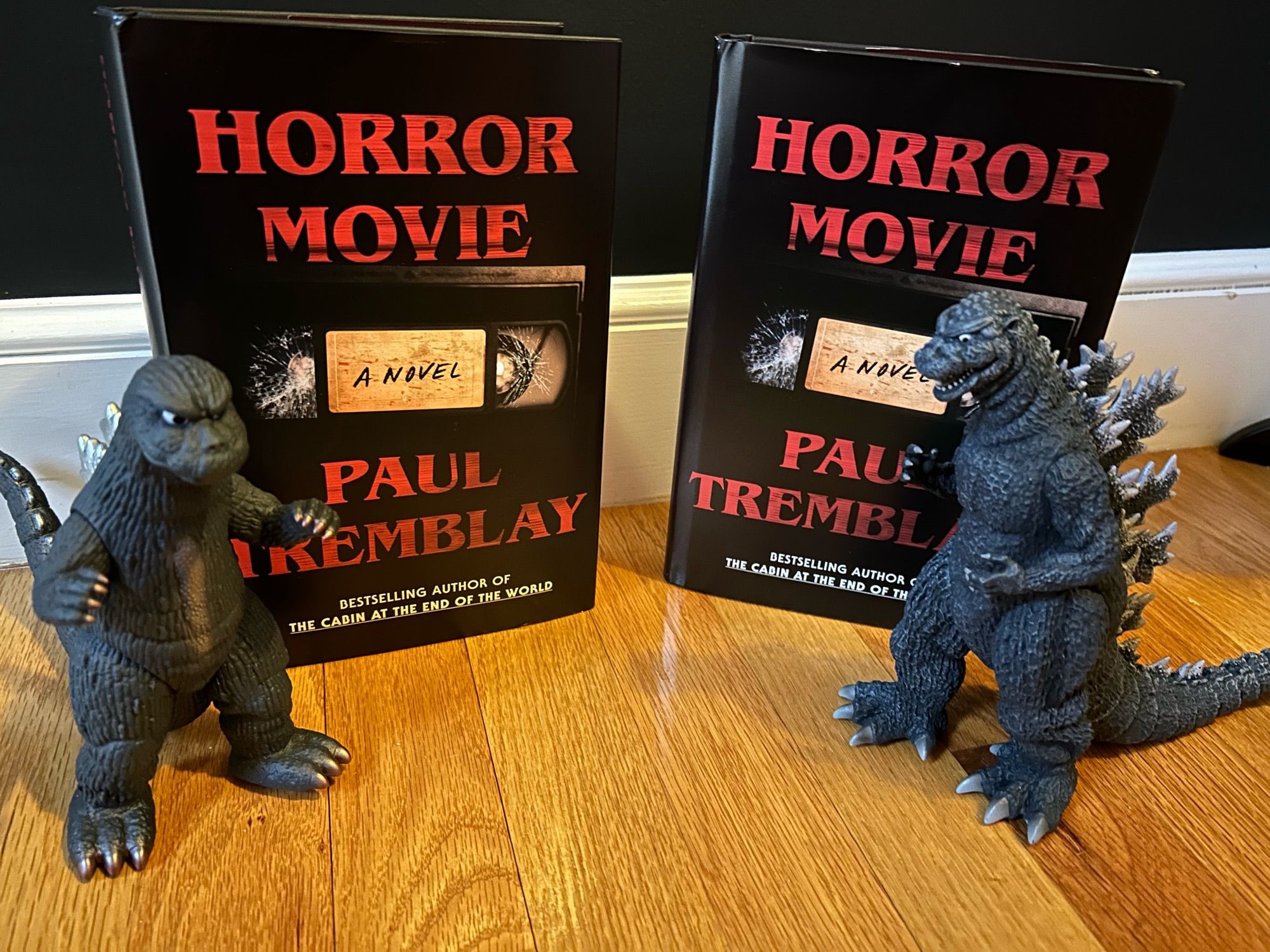 2 Godzilla figures standing next to copies of Horror Movie