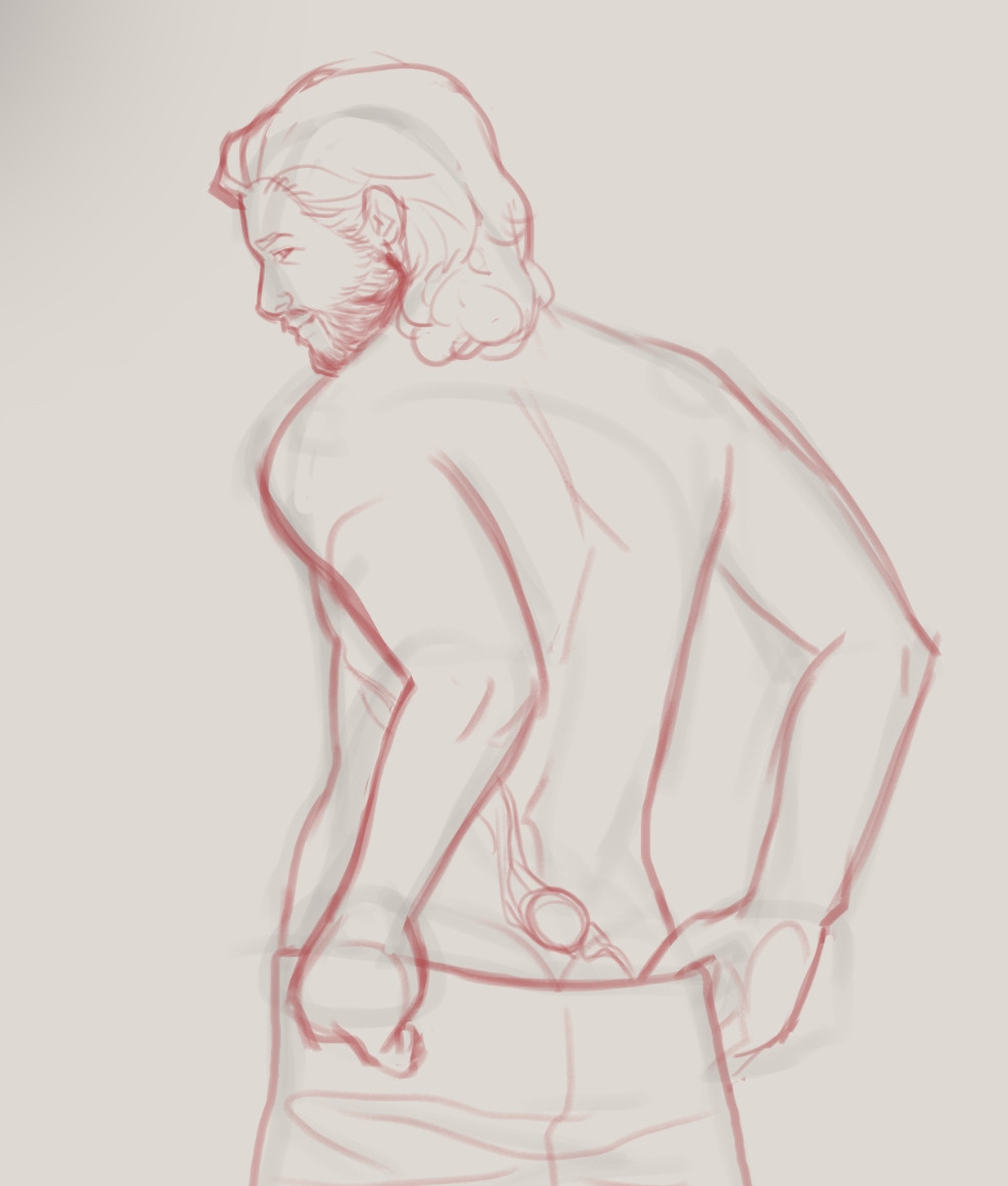 a sketch of gale dekarios from behind. he is grabbing the waist of his pants and looking back at the viewer while smiling. his orb is on his lower back as a tramp stamp 