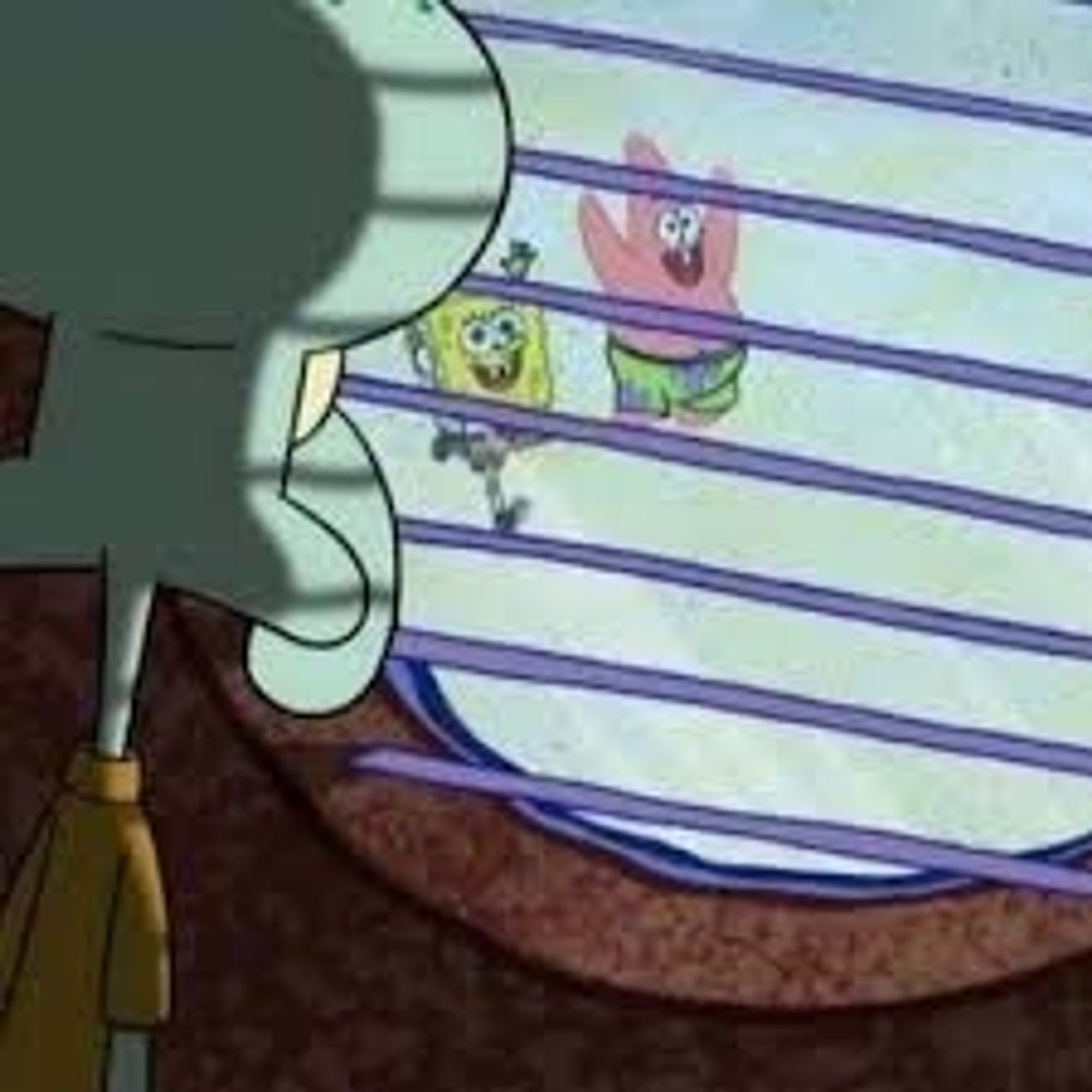 Squidward, alone in his house, staring outside at SpongeBob and Patrick who are frolicking happily