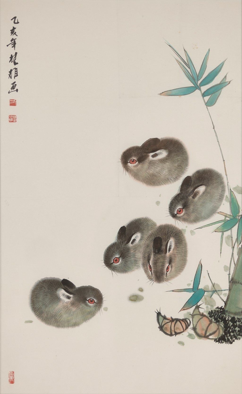 A watercolor painting of small, dark gray baby rabbits. Their bodies look like small blobs without limbs, and their eyes are bright red and look very alert