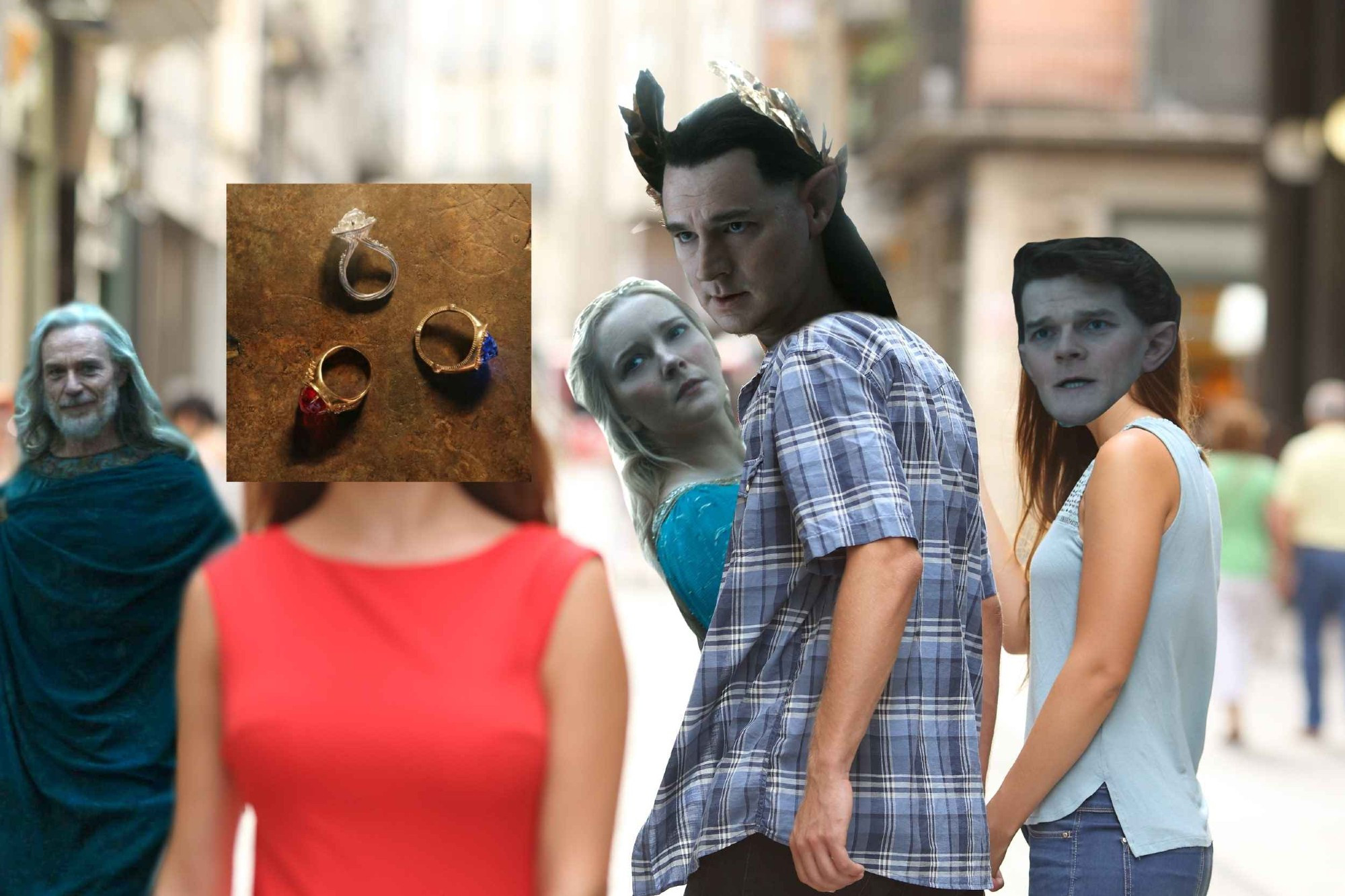 Meme based off the jealous girlfriend/distracted boyfriend meme. Gil-galad, Galadriel, and Círdan all look at the rings while Elrond looks on in dismay.

#TROP #RingsofPower #Gilgalad #Galadriel #Cirdan #Elrond #MyMemes