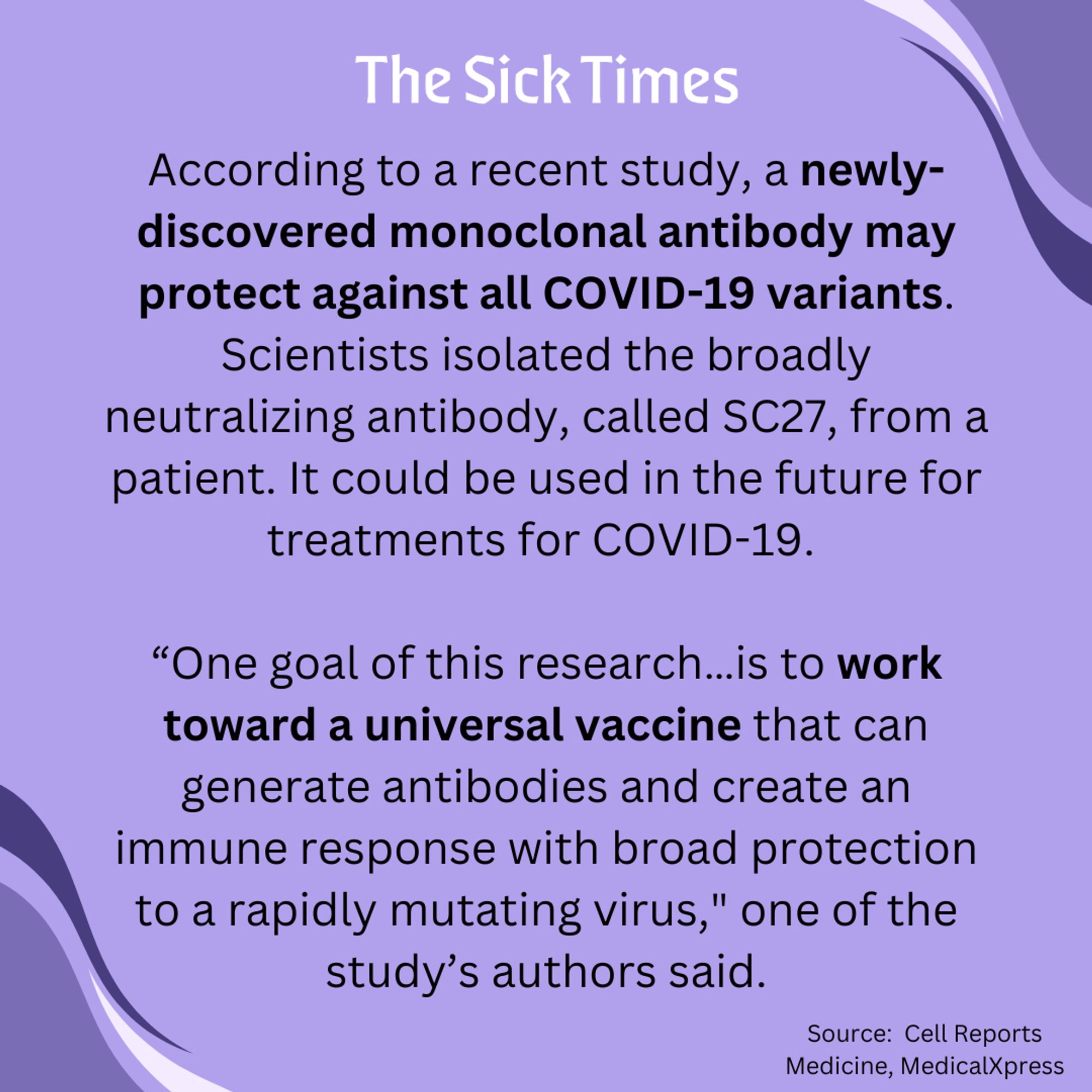 According to a recent study, a newly-discovered monoclonal antibody may protect against all COVID-19 variants. Scientists isolated the broadly neutralizing antibody, called SC27, from a patient. It could be used in the future for treatments for COVID-19. 

“One goal of this research…is to work toward a universal vaccine that can generate antibodies and create an immune response with broad protection to a rapidly mutating virus," one of the study’s authors said.