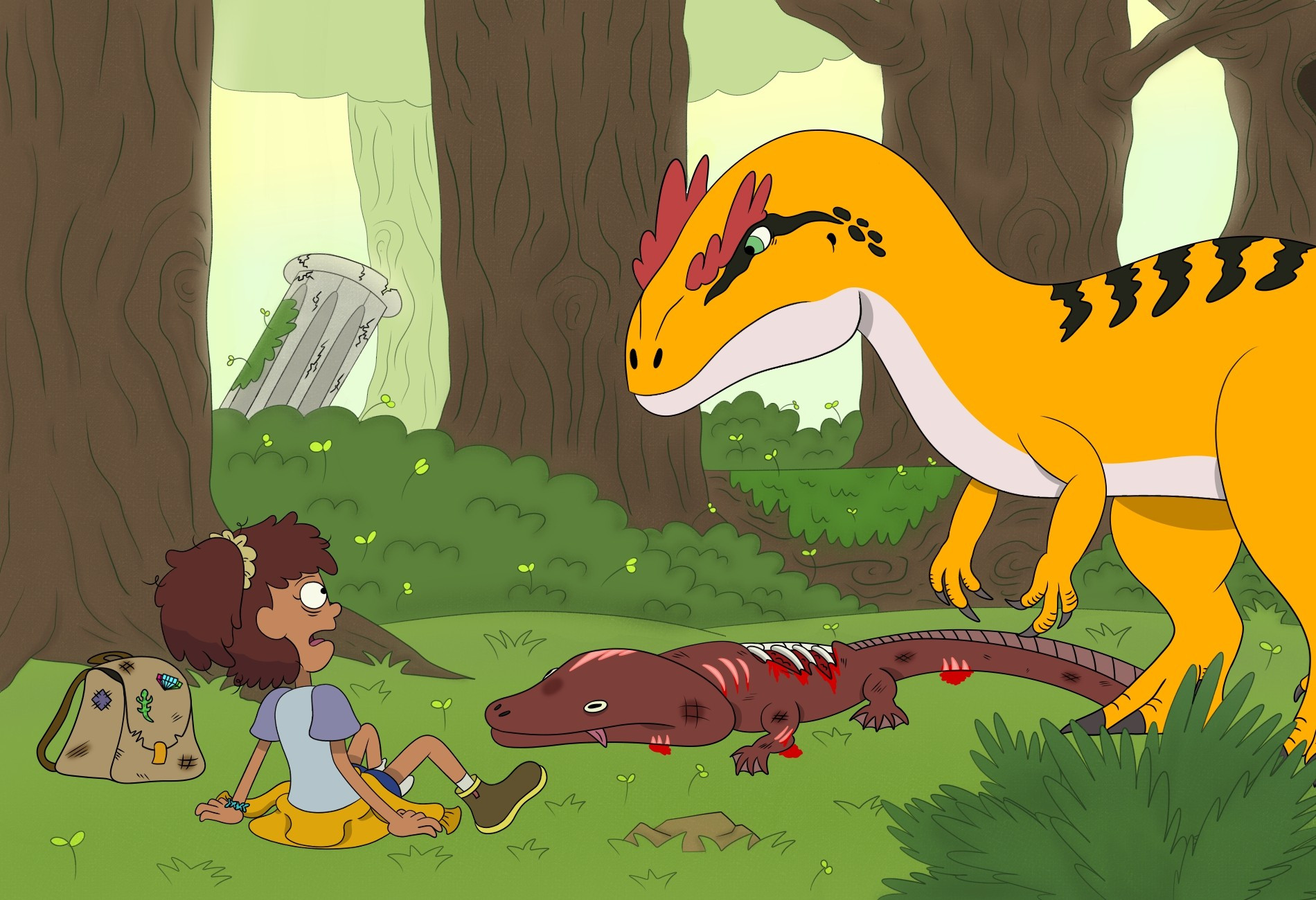 Scene from Reptilia (Amphibia sequel AU) where Anne is staring at a dinosaur which appears to be an Allosaurus that is eating a dead Koolasuchus.