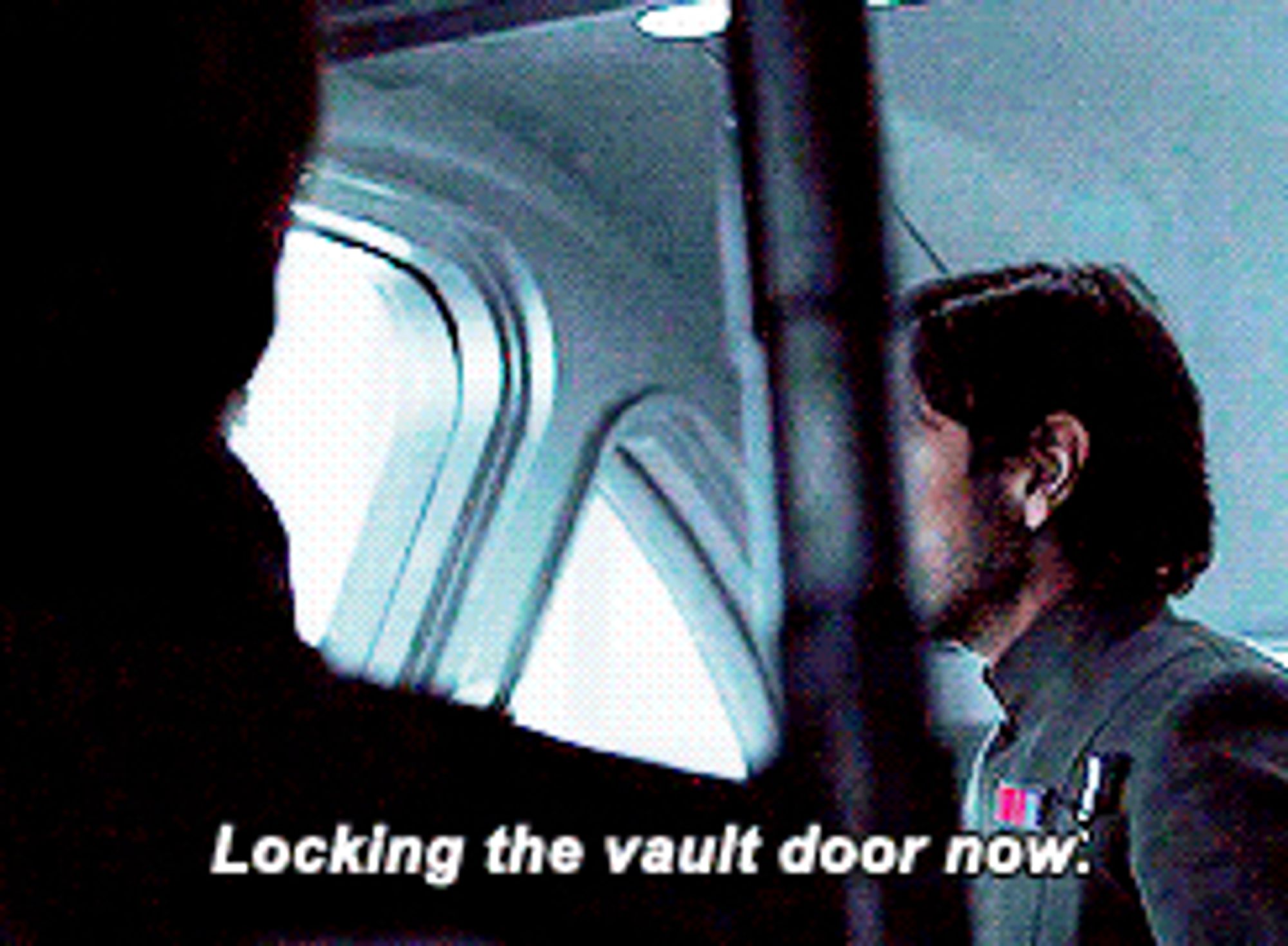 Gif of Cassian Andor. He is in the vault room on Scarif and is wearing an Imperial Officer uniform. K2SO’s voice is heard saying “Locking the vault door now.” Cassian responds at first questioningly “Kay?” Then realisation as he yells “KAY!”