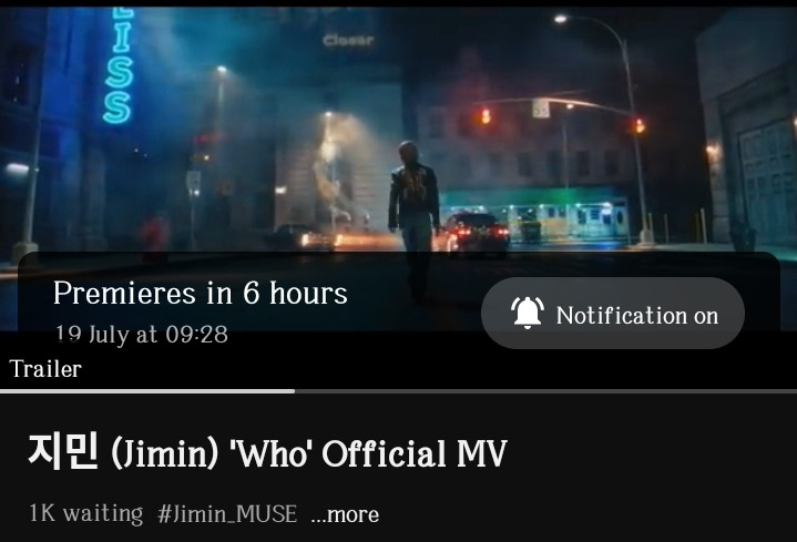 Screenshot of Jimin's who mv premiere notification