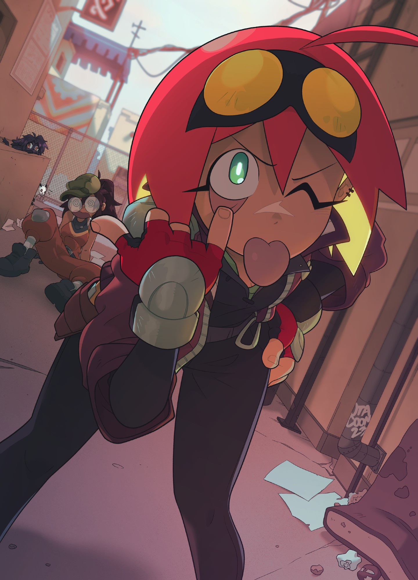 In the middle of a back alley in some desert town, we find two women. Ravee, a redhaired girl with green glowing eyes, pulling her eyelid down and sticking out her tongue to some off-screen party in a sort of tease or taunt (a common facial gesture in older anime called "akanbe").

Behind her is Michelle, a brunette haired girl in a big orange jumpsuit, sitting in a heap. She appears to be dazed with comical spiral eyes behind her off-centered glasses. A couple of furry creatures watch from around a stairway at what Ravee is doing.