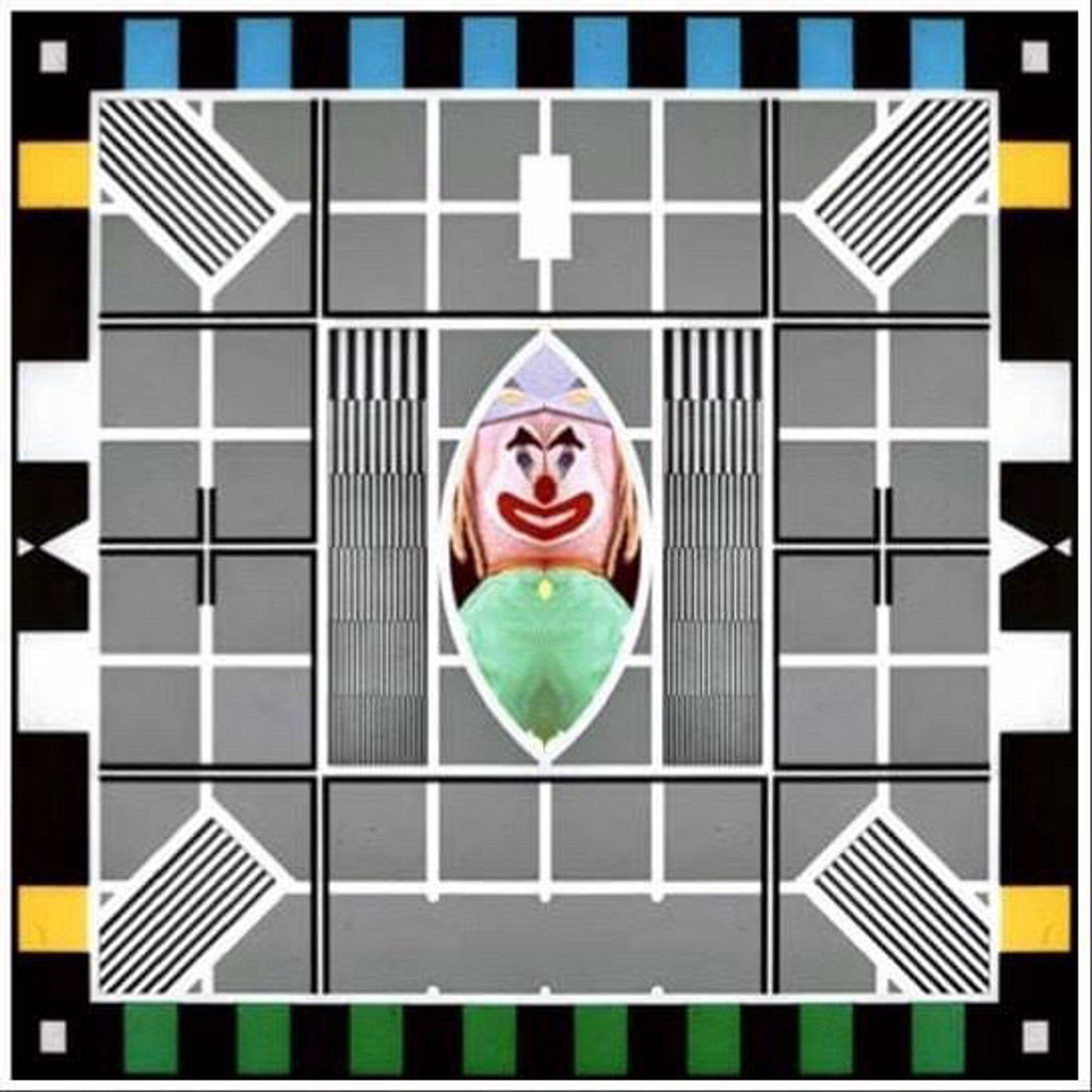 Bubbles, the BBC Testcard F clown doll, symmetrically mirrored in a square testcard.