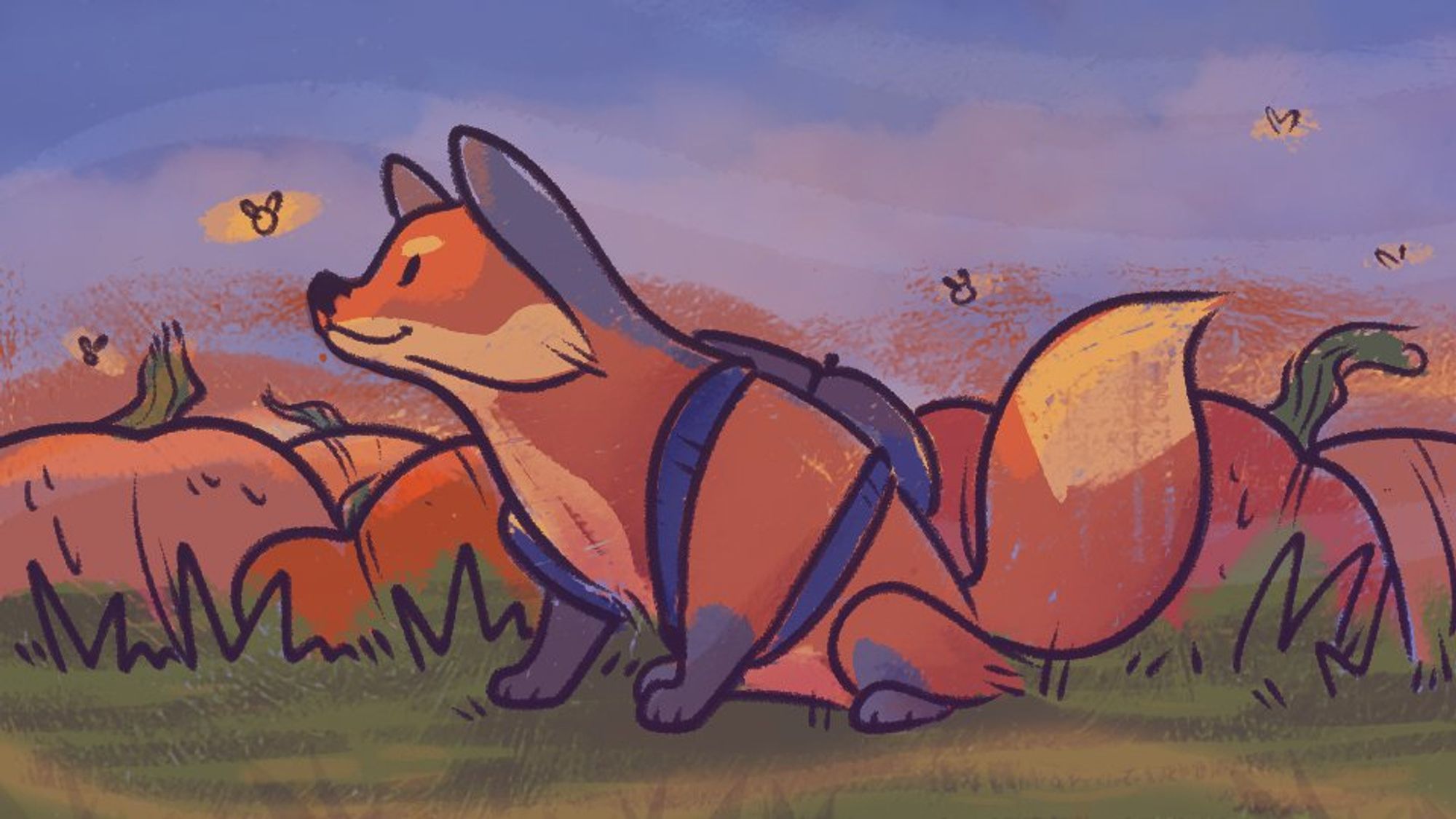 a small fox wearing a backpack sits in a pumpkin patch during the evening. they're looking up at a little firefly