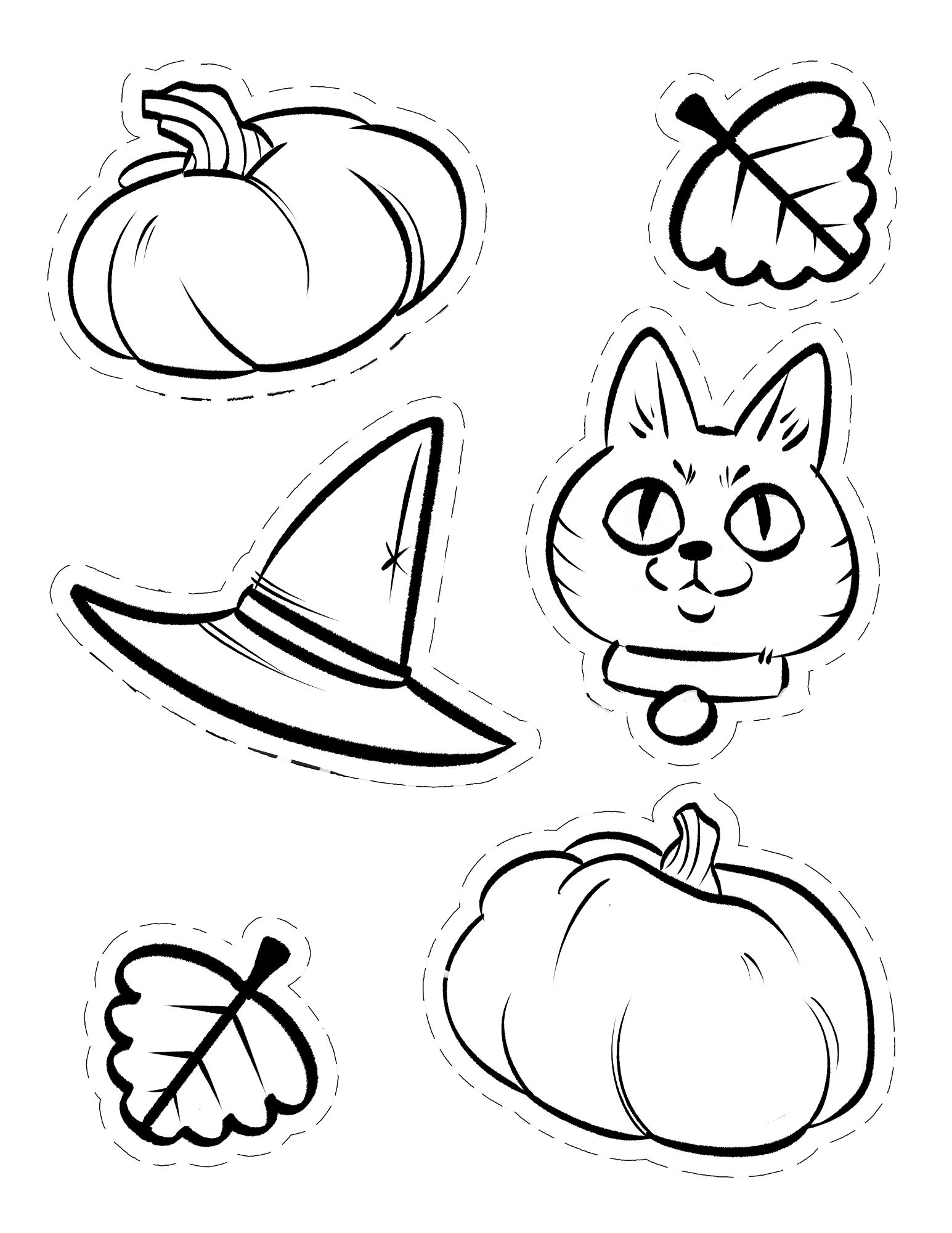 black & white drawings of fall and halloween themed items including leaves, gourds, a cat and a witch hat