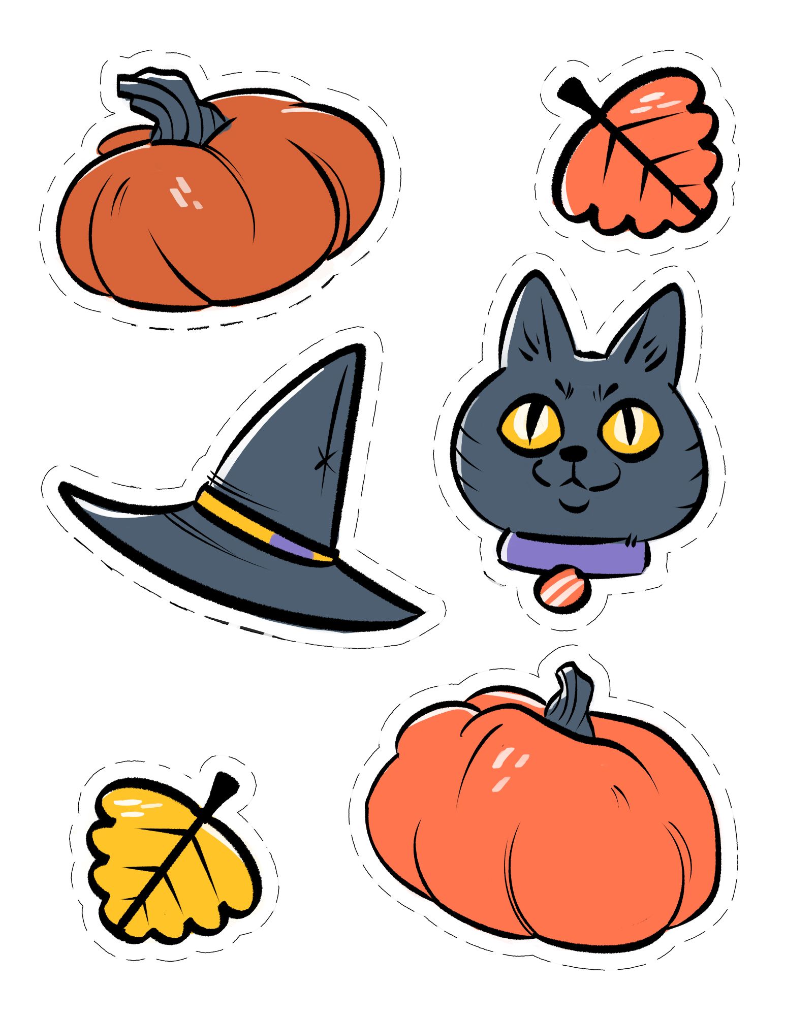 colored drawings of fall and halloween themed items including leaves, gourds, a cat and a witch hat