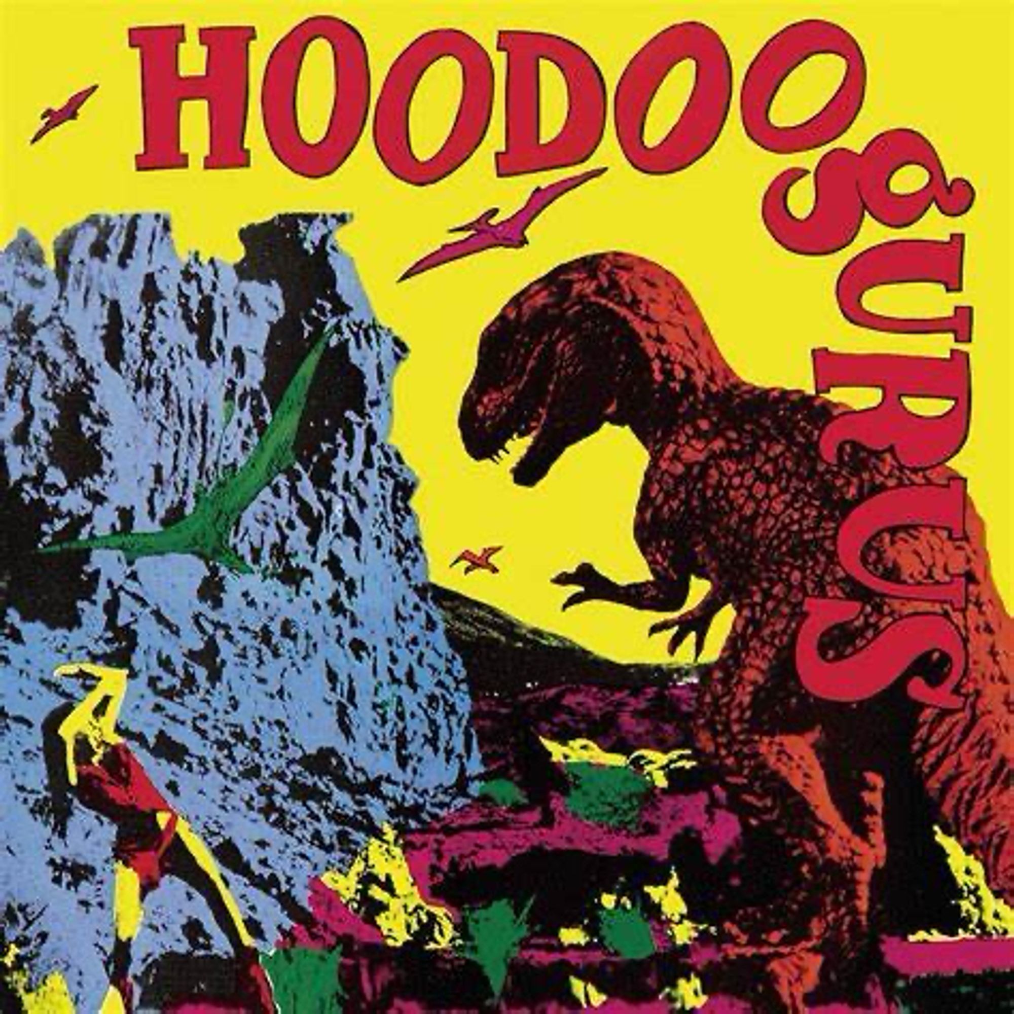 Hoodoo Gurus Stoneage Romeos album cover depicting dinosaurs and cavemen 