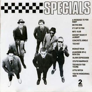  Album cover of The Specials debut album in black and white showing all the band members looking up with the track listing on the right 