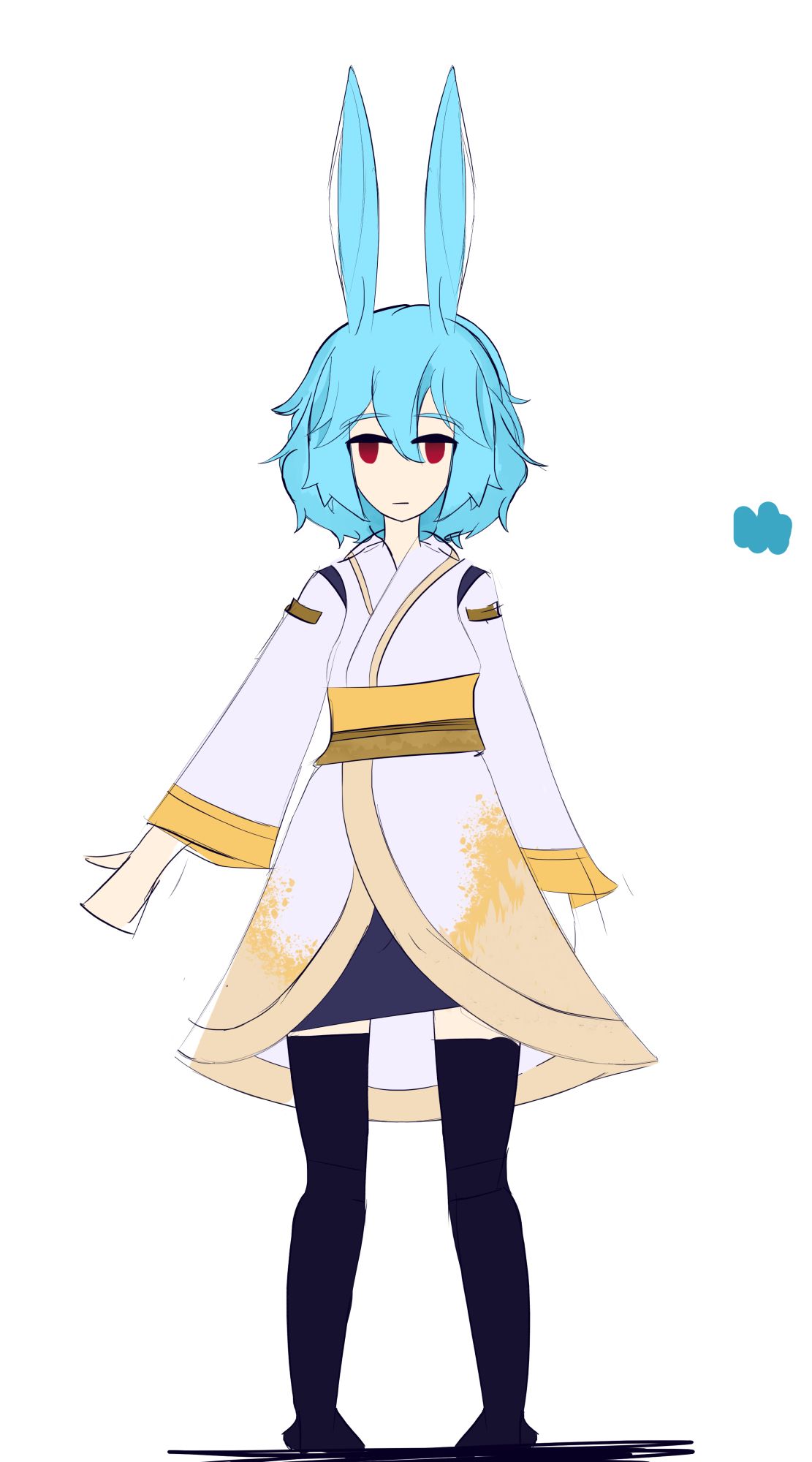 The WIP ref of Sidere, featuring a messy blue haired dork in a white robe with golden accents and darker legwear