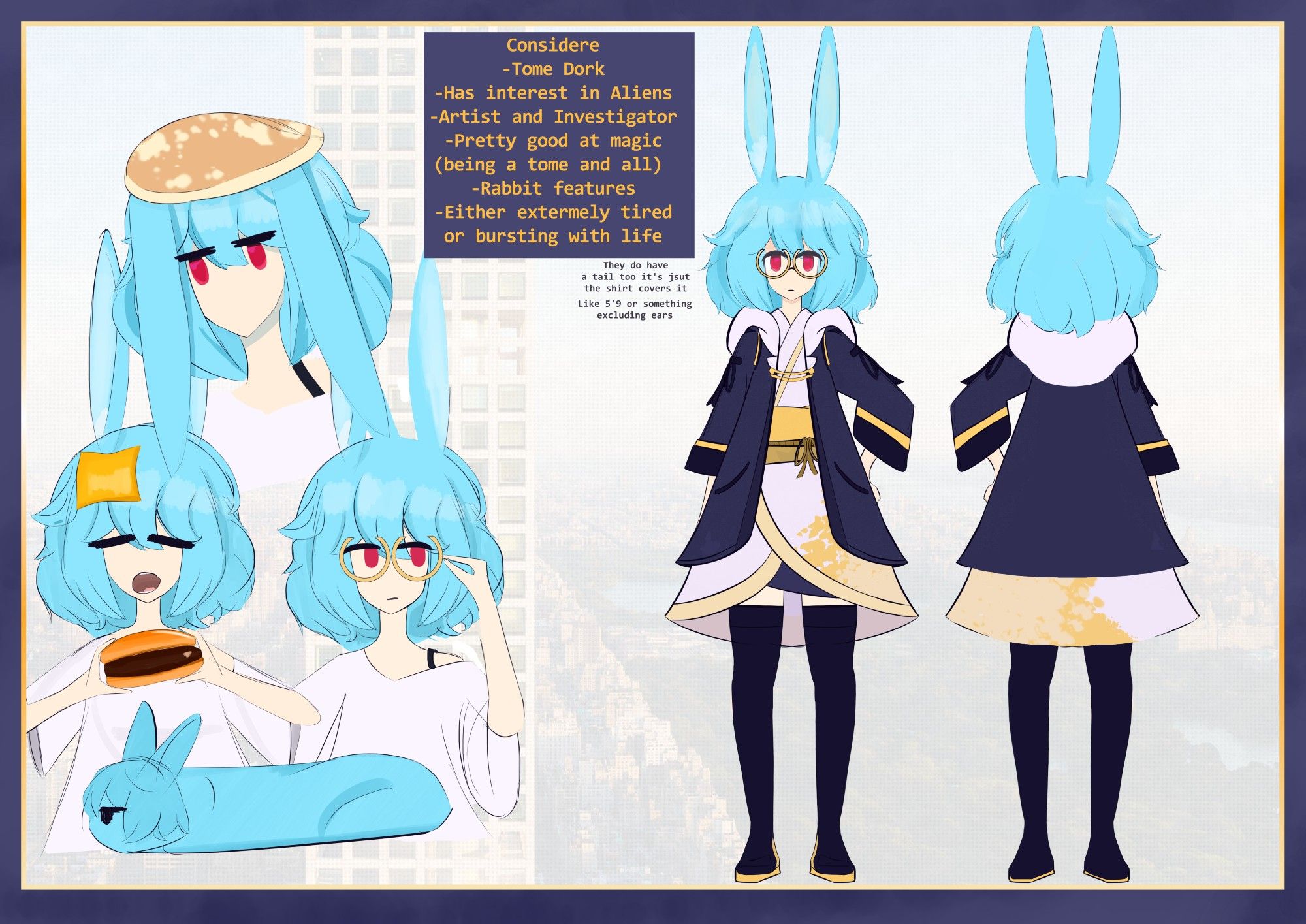 A character sheet featuring a blue haired rabbit eared dork in a white robe with gold trims and a dark blue jacket, some expressions, a front and back view