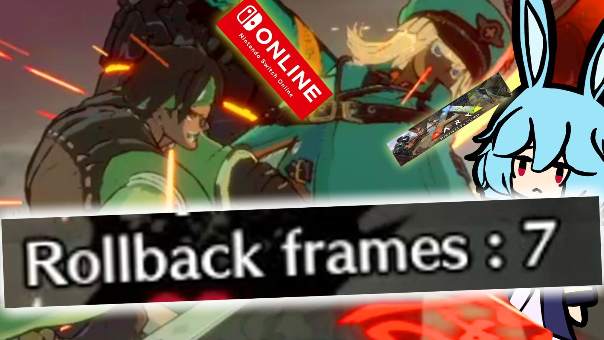 A youtube thumbnail featuring a Guilty Gear Strive screenshot with "rollback frames: 7", ark survival evolved, nintendo switch online and Sidere