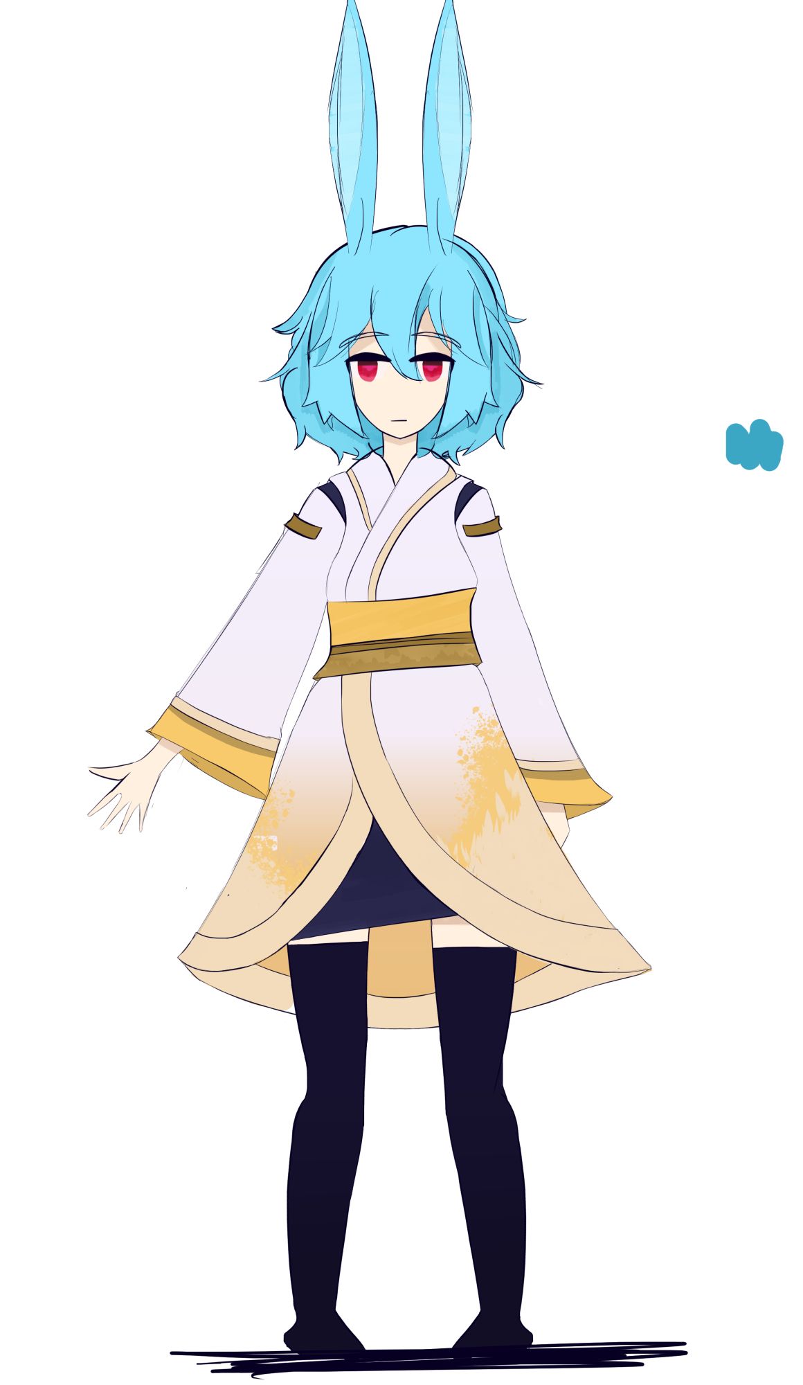 Blue haired rabbit eared dork in a white robe with a gold gradient and accents & darker legwear