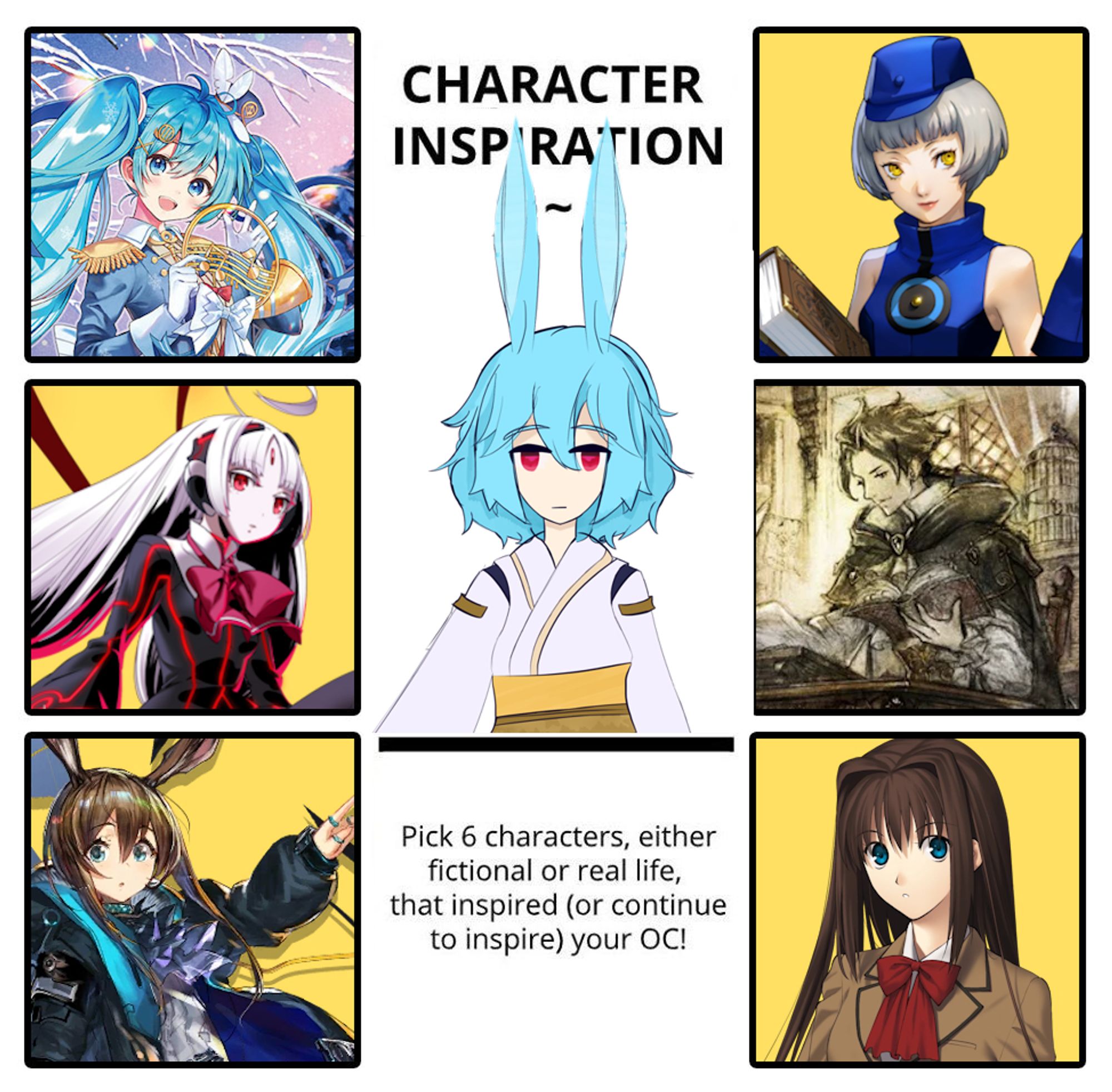 Character inspiration for Sidere.
The characters being
-Hatsune Miku
-Elizabeth(persona)
-Vatista(under night in-birth)
-Cyrus Albright(octopath traveller)
-Amiya(arknights)
-Aoko Aozaki(mahoyo)

The text underneath saying "pick 6 characters, either fictional or real life, that inspired(or continue to inspire) your OC!"