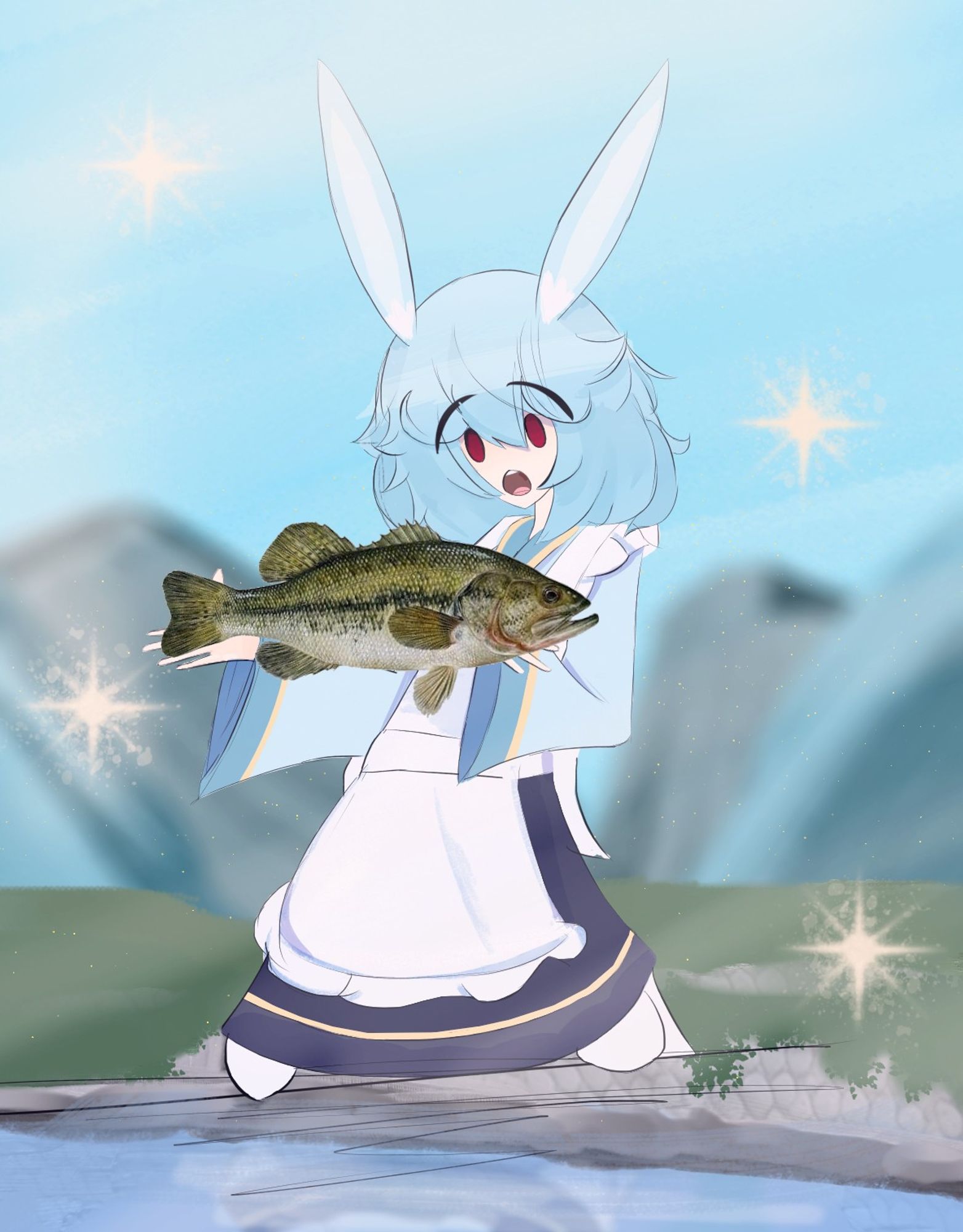 Art of a blue haired, rabbit ear dork(named sidere) in a maid dress holding a fish with an amazed look on their face, presumably after catching it