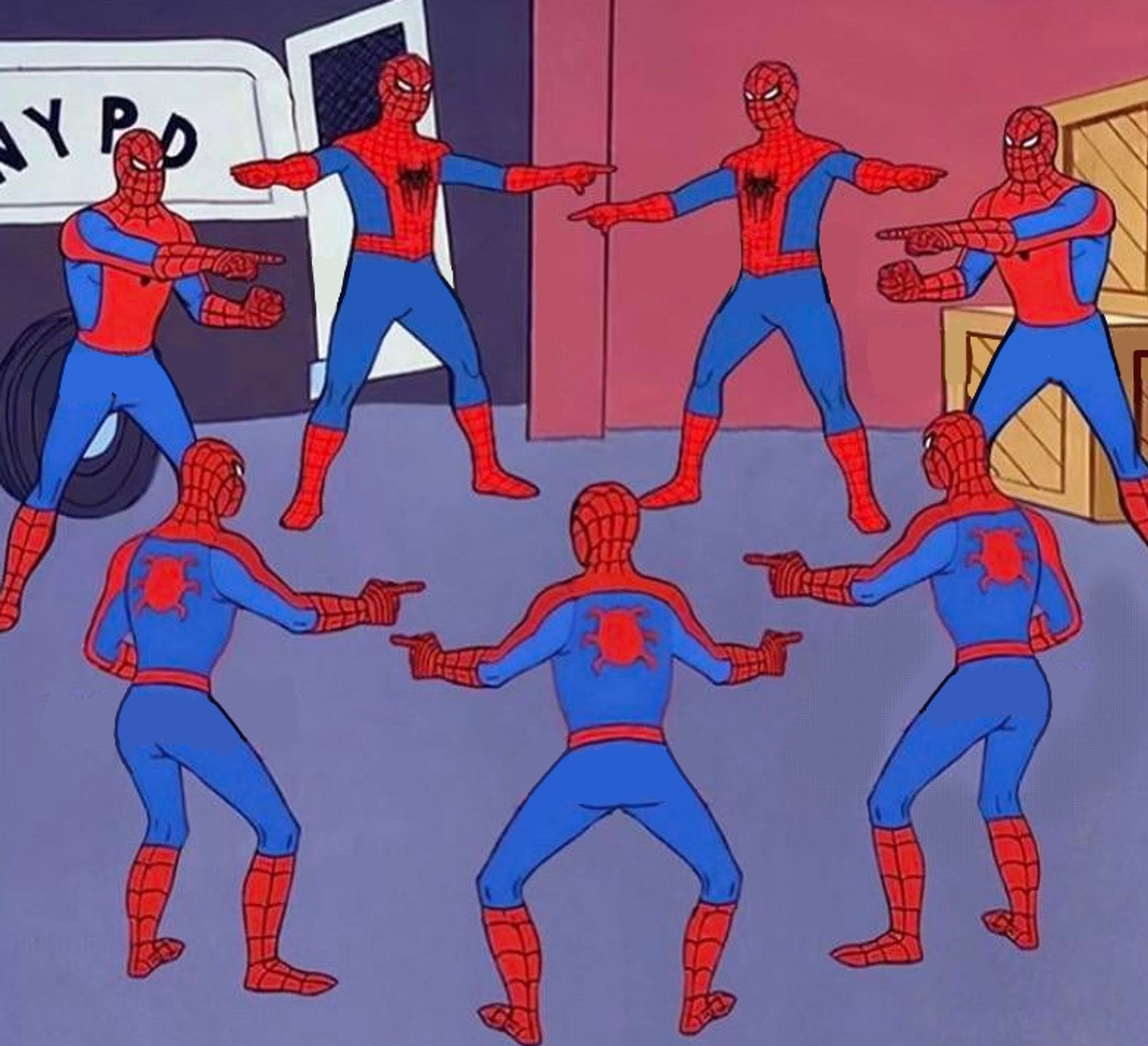 "Seven Spidermen" meme, all pointing at each other.