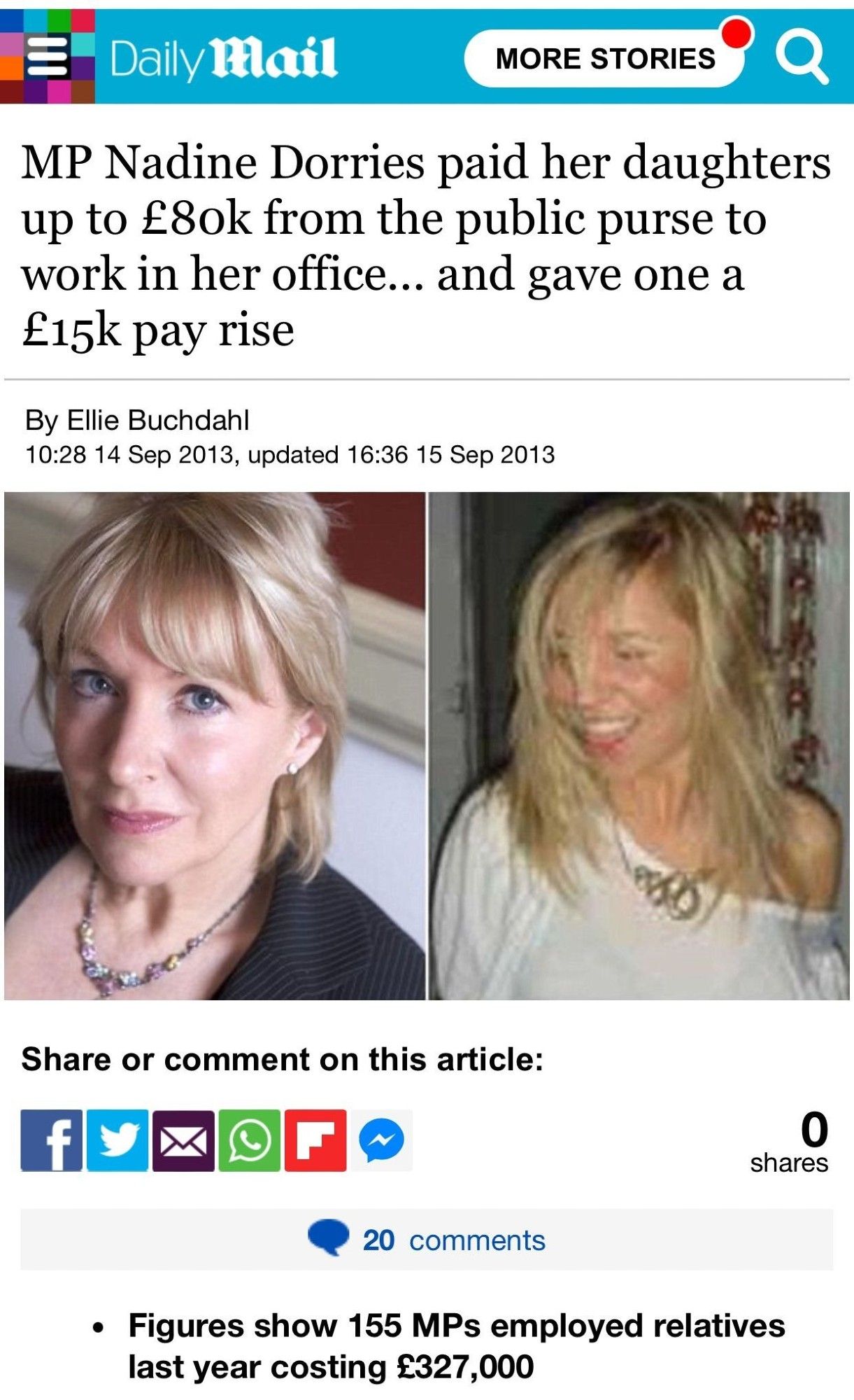 Screengrab of Daily Mail piece: "MP Nadine Dorries paid her daughters up to £80k from the public purse to work in her office... and gave one a £15k pay rise"