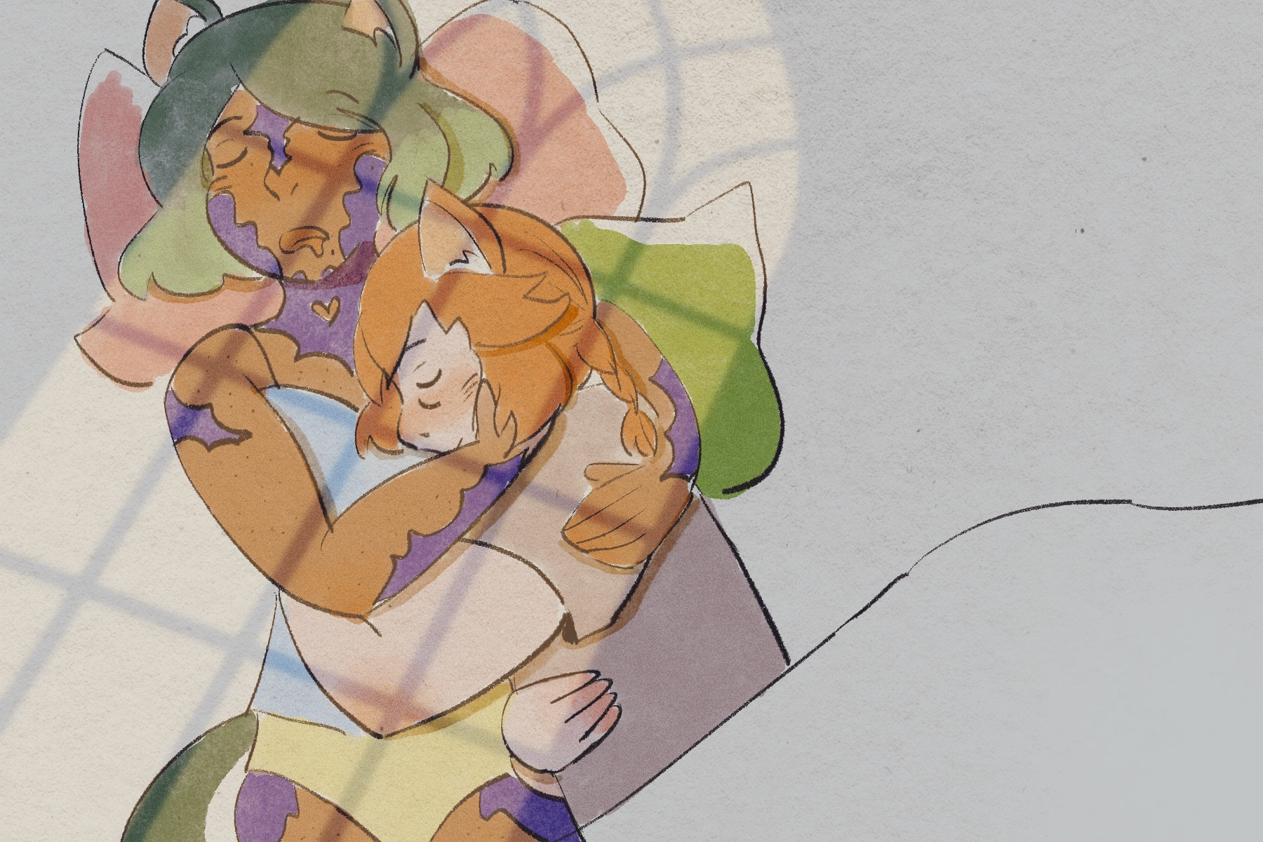 Vera and G’raha sleeping in bed with sunlight shining through the window onto them. G’raha is hugging Vera’s waist while Vera caresses his face with her right hand and her left arm wrapping around his back.