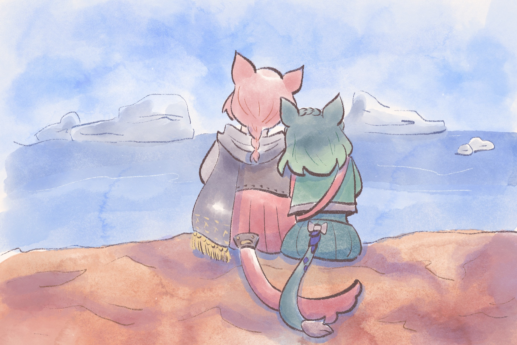 G’raha and Vera sitting, looking out at the ocean from a cliff during a sunny day. Their backsides are facing the viewer and Vera’s tail is laying on top of G’raha’s. Her head is leaning on his shoulder.