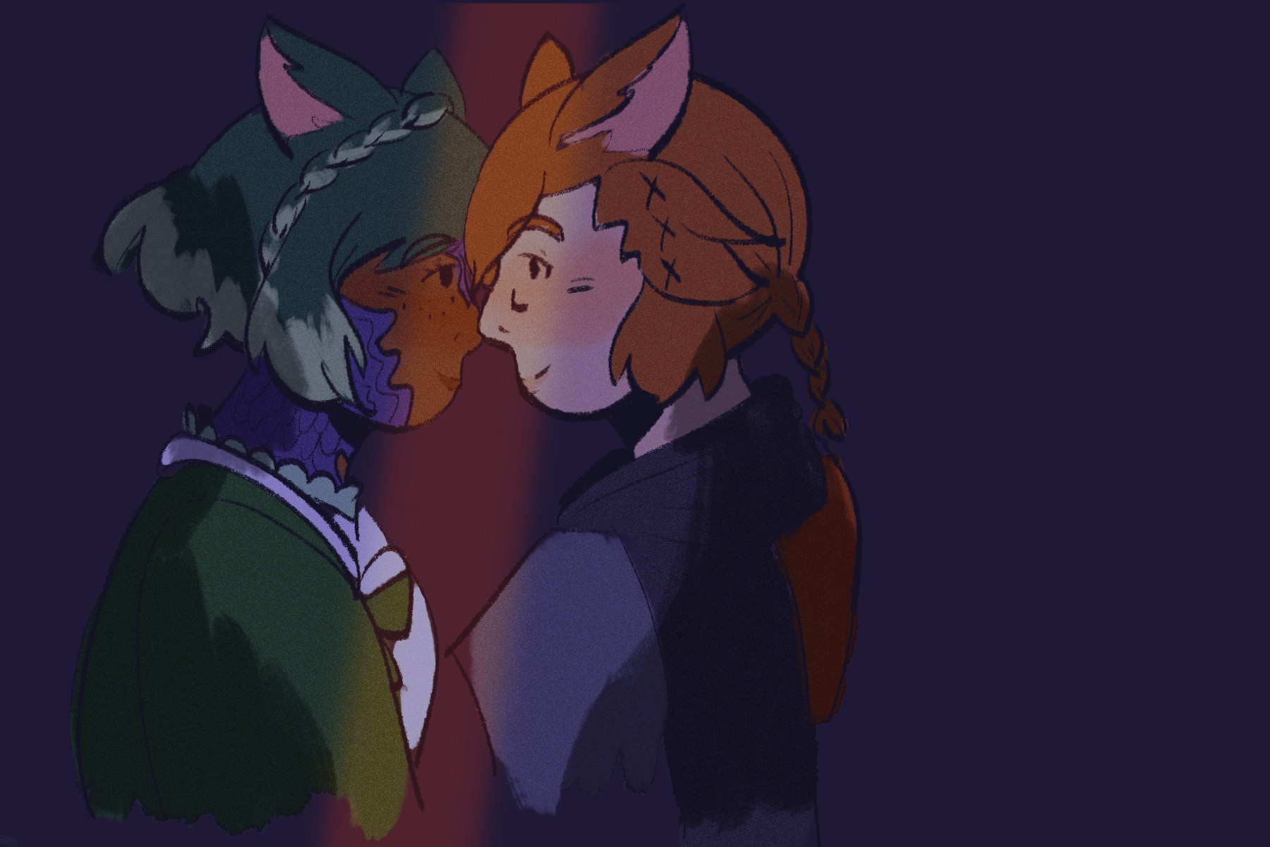 Vera and G’raha looking deeply into each other’s eyes, noses touching. They’re standing in the darkness, save for a warm yellow beam of light in-between them.