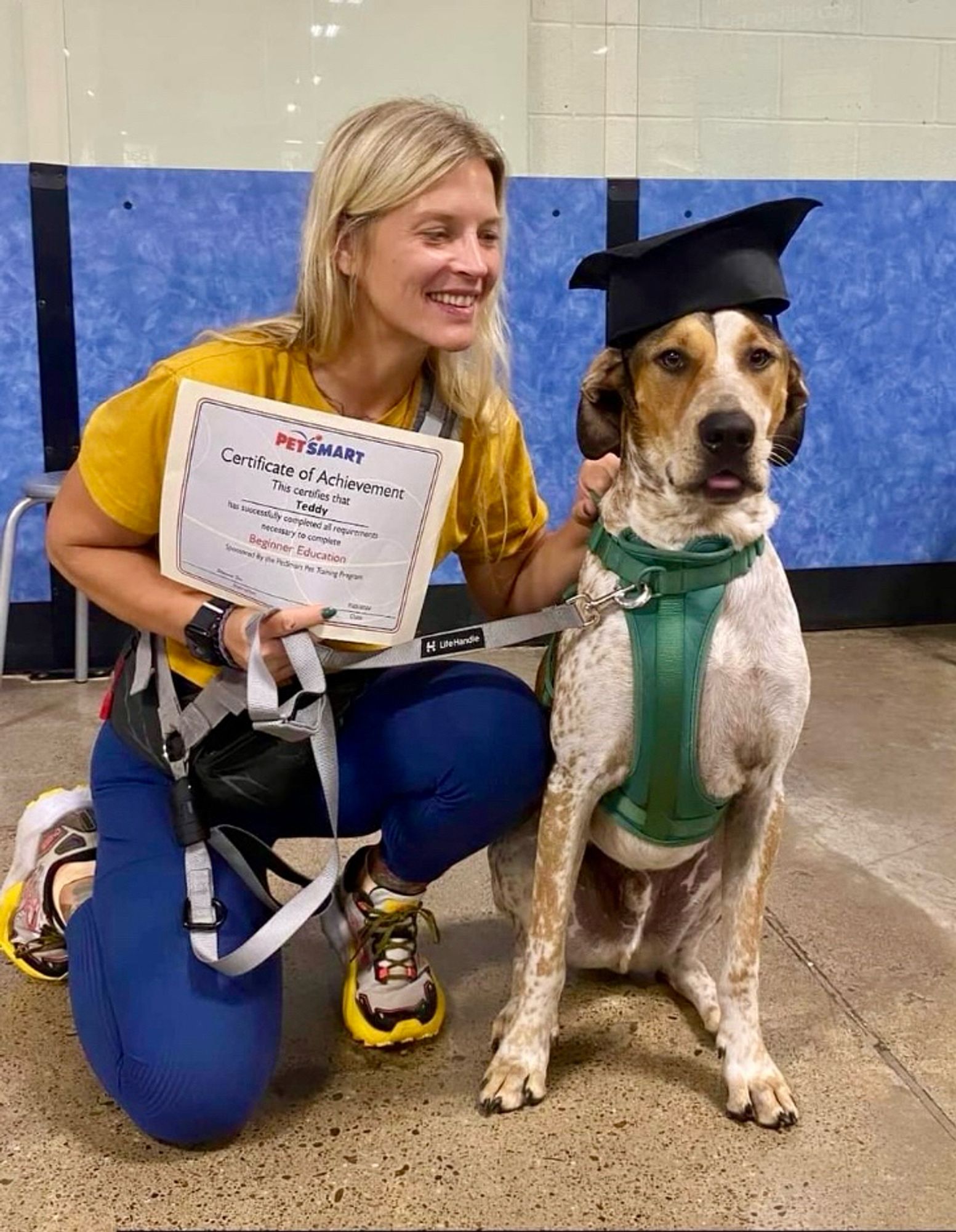 A white and brown hound dog wears a black mortarboard at his graduation from obedience class. His person kneeling next to him is so proud.