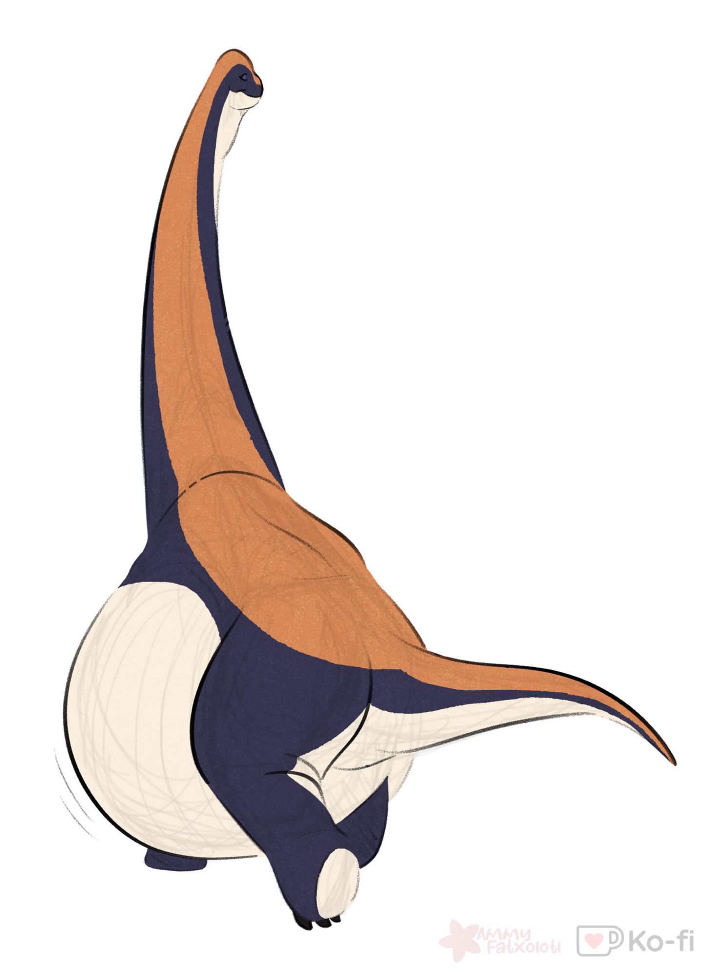 A colored rough sketch of a huge sauropod dinosaur with a huge distended belly.