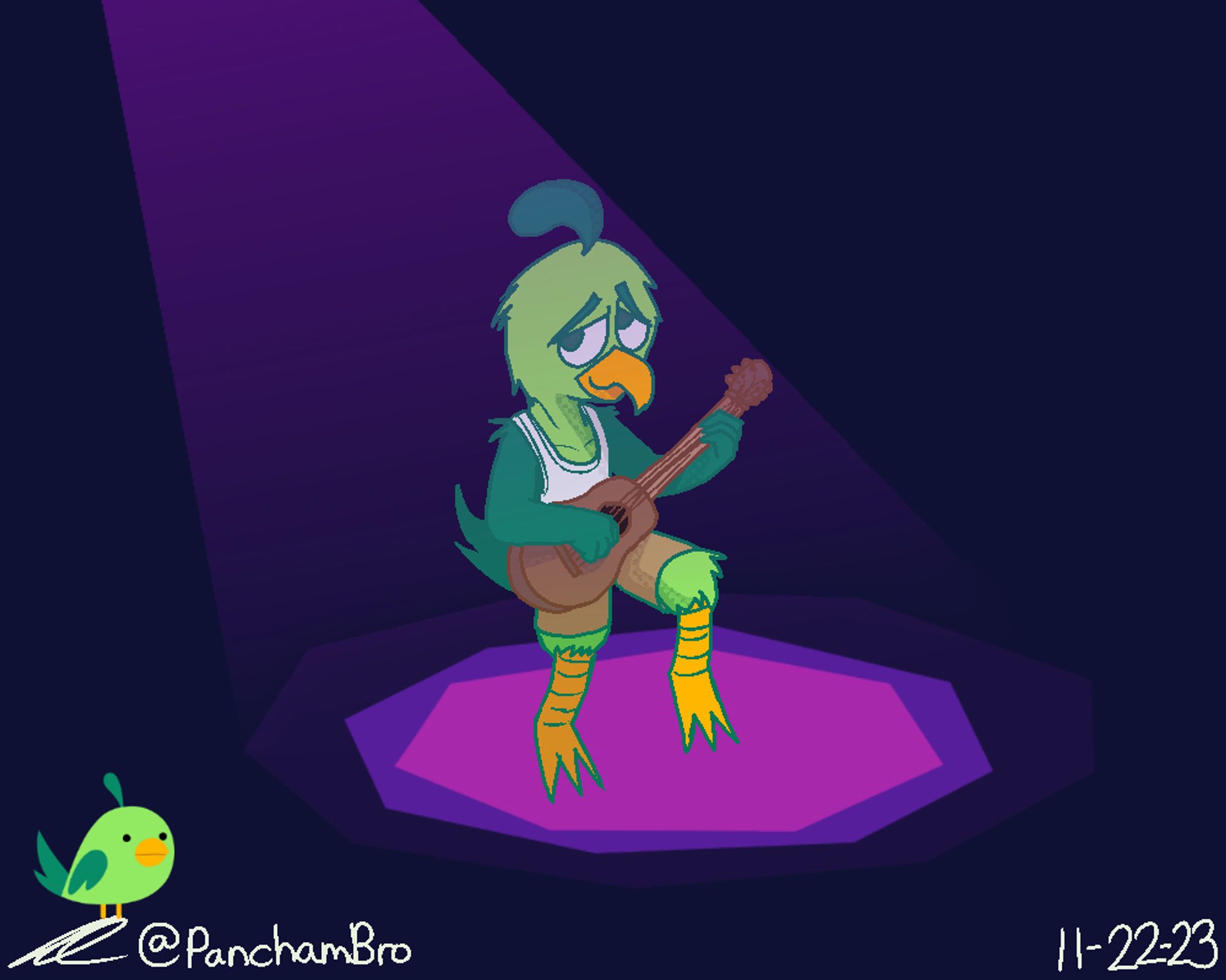 A green and green-yellowish anthropomorphic bird, wearing a white tank top and brown pants, is holding a guitar in his hand while strumming. He resembles one of the birds in Dodo Re Mi by Jackbox Games.