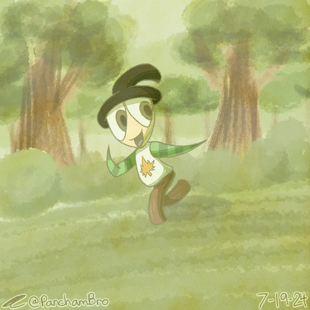 October, painted in a watercolor-ish tint, runs around his own forest, free and happy of his surroundings.