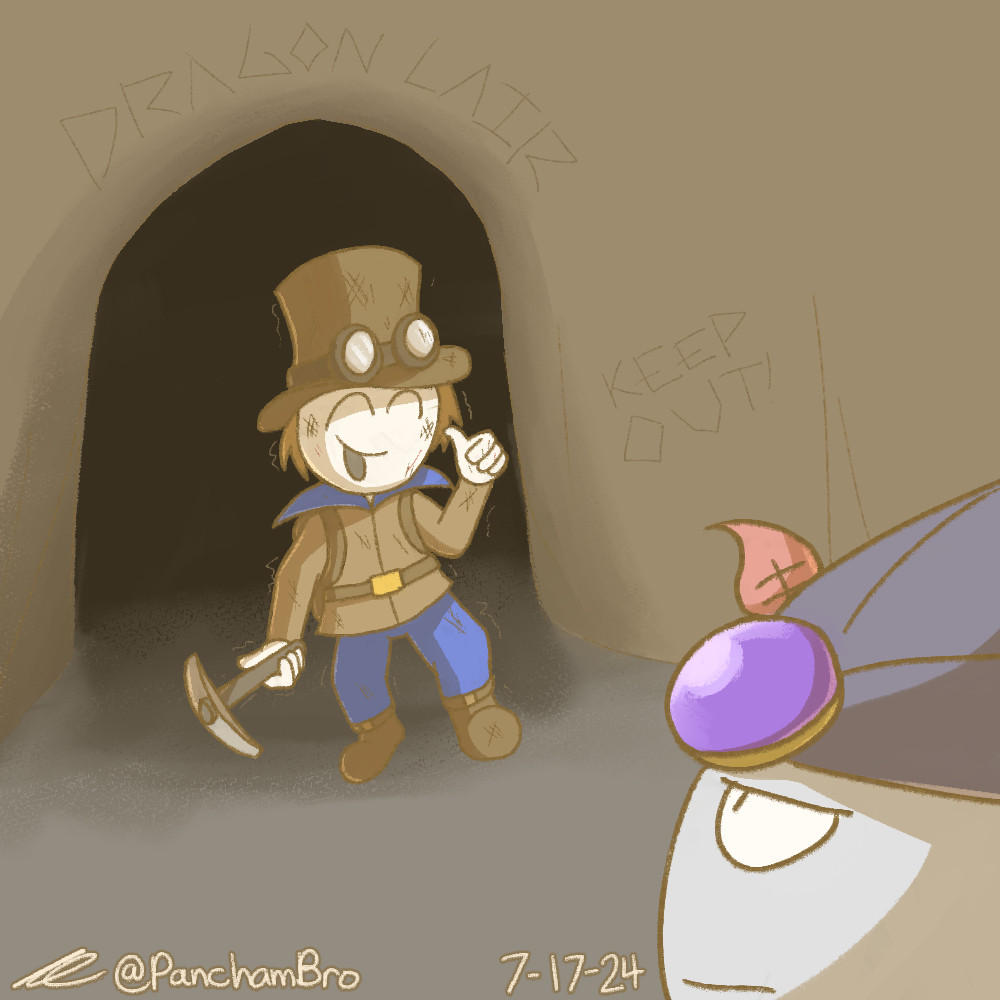 Valor, an traveler, gives a thumbs up, clearly shaken after entering a cave that explicitly says "Dragon Lair" and "Keep Out!". Kageki, appearing on the right side with only his face, is visibly disappointed.