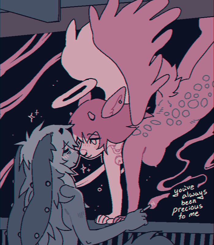 Roxxy the demon and Nora the deer. Roxxy gently smiles as Nora floats down onto her balcony. A sight for sore eyes. Roxxy thinks, "you've always been precious to me" ; Art post ; doodle