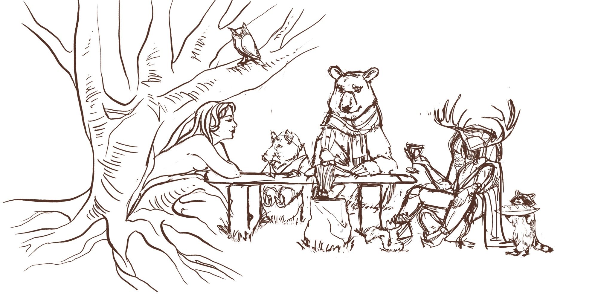 Digital sketch of an oak dryad, several animals, and a horned man preparing to have a feast