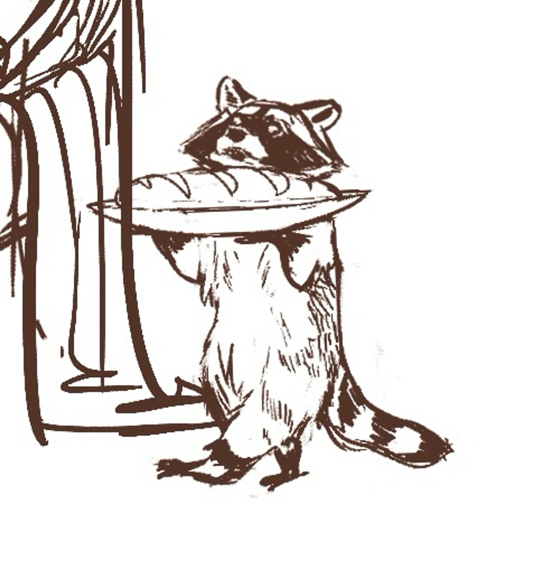 Sketch of a raccoon carrying a trencher with a long loaf of bread on it.