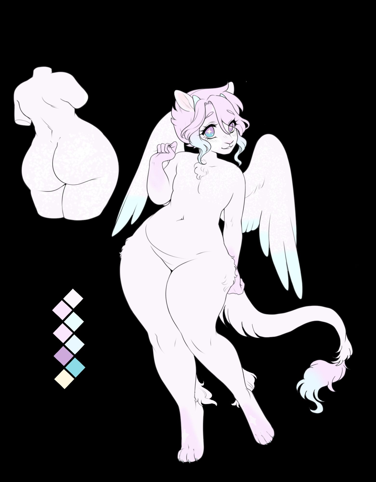 a reference of Glitter, done on a base. Glitter is a fluffy dragon, with paw feet, tiny horns, horse-like ears, a long, fluffy tail, and wings. He has pale pink markings on his feet, hands, and forehead, and pale blue tips to his wings. His horns are the same pale blue as his wing markings. He has short hair with curly locks framing his face. his hair is pink, fading into blue, in the same shades as his markings and wing tips. His tail ends in a tuft of hair that is the same gradient as his hair. all over his rear end, chest, shoulders, and wings are sparkles. his eyes are a tea-purple gradient with yellow sparkle-shaped pupils.