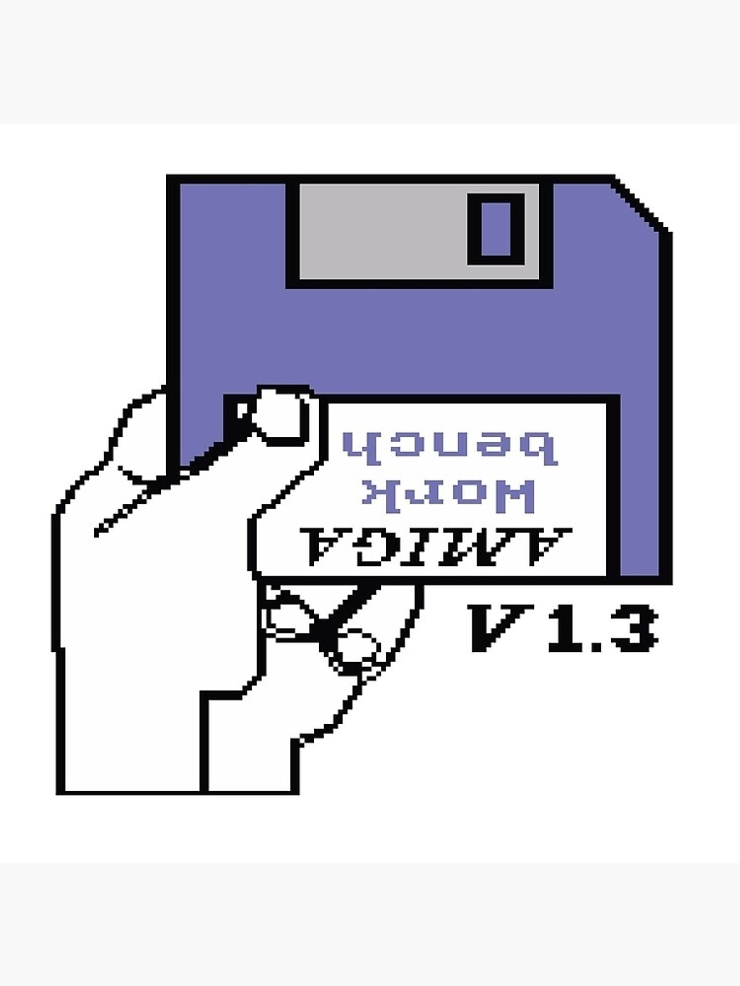 Startscreen des Commodore Amiga mit einer Hand, die eine 3,5 Zoll-Diskette hält, auf der "Amiga Workbench V1.3" steht