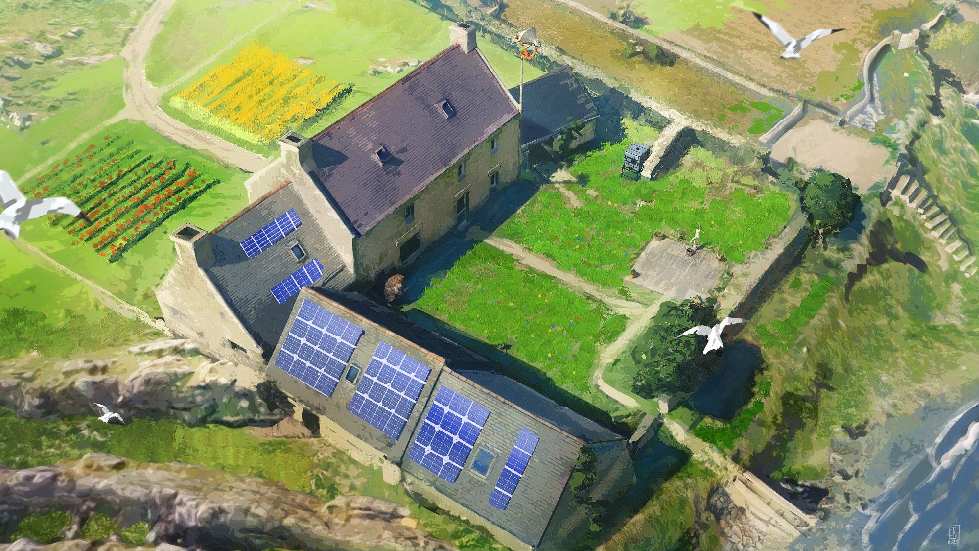 A colorful painting of a refitted old farm near the sea, with the roofs coverd in solar panels