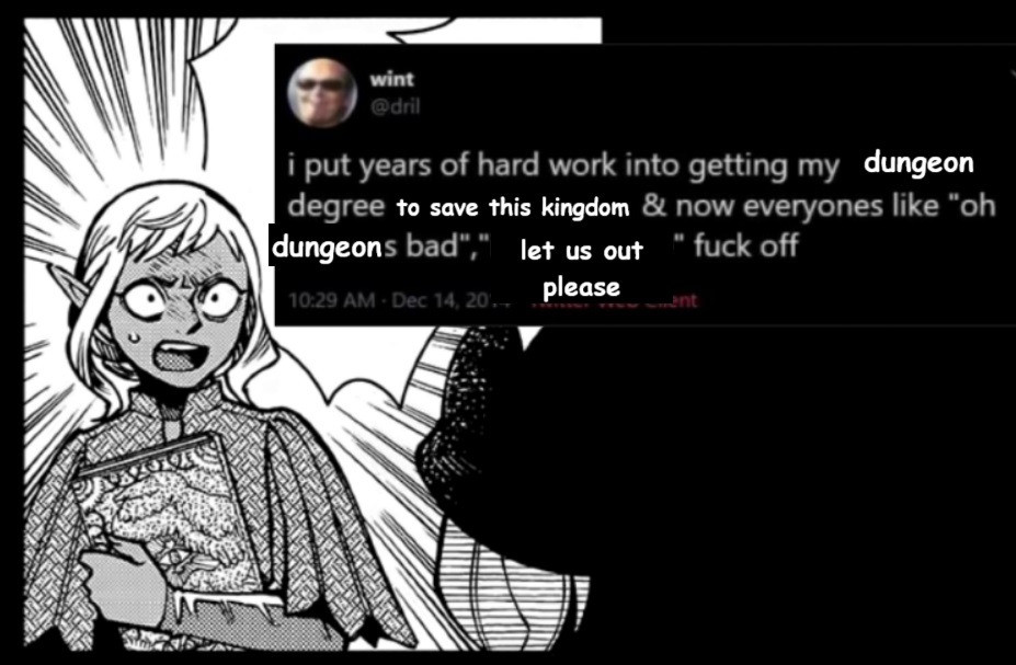 panel of thistle from dungeon meshi looking indignant with an edited dril tweet. 'i put years of hard work into getting my [dungeon] degree [to save this kingdom] & now everyone's like "oh [dungeon]s bad", "[let us out please]" fuck off'